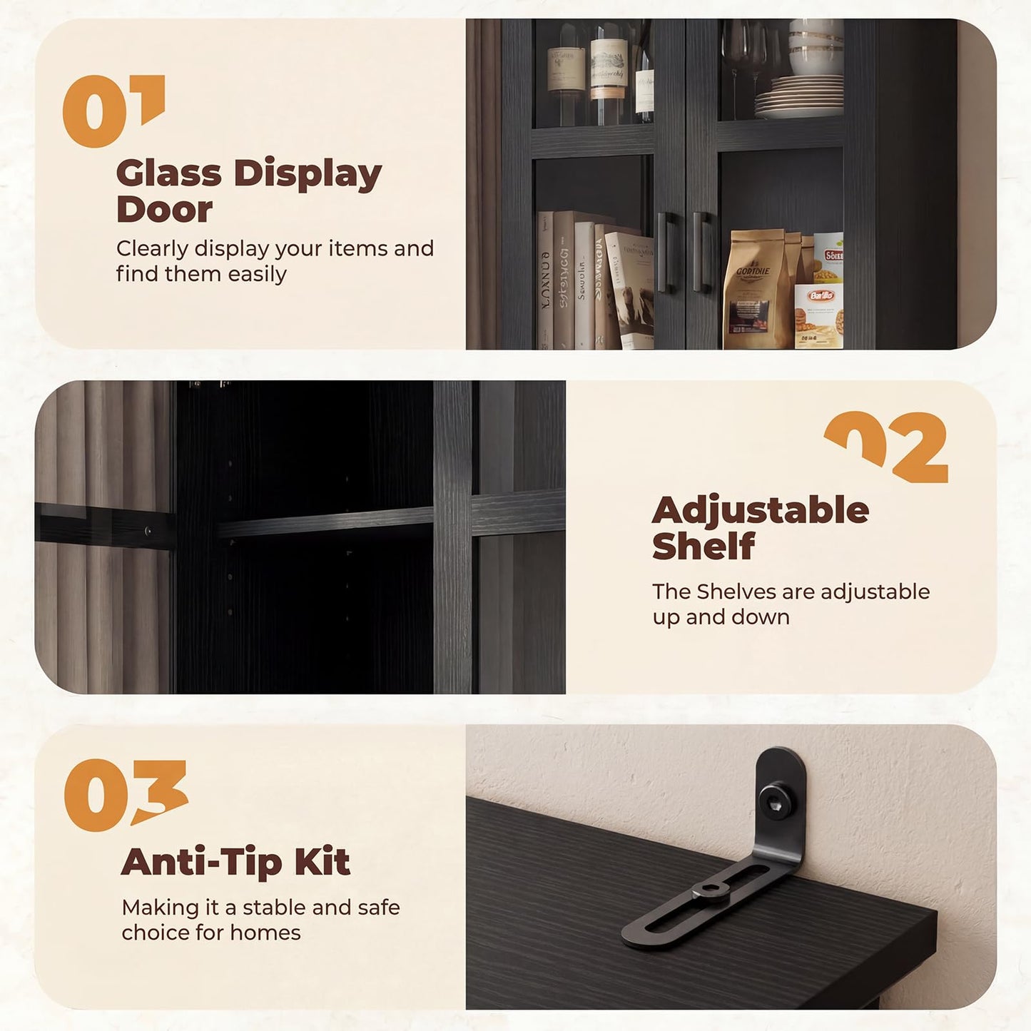 Unikito 79.7" Tall Kitchen Pantry Storage Cabinet, Freestanding Kitchen Hutch Cabinet with Tempered Glass Doors, Large Display Bookcase with Adjustable Shelves for Living Room, Dining Room, Black
