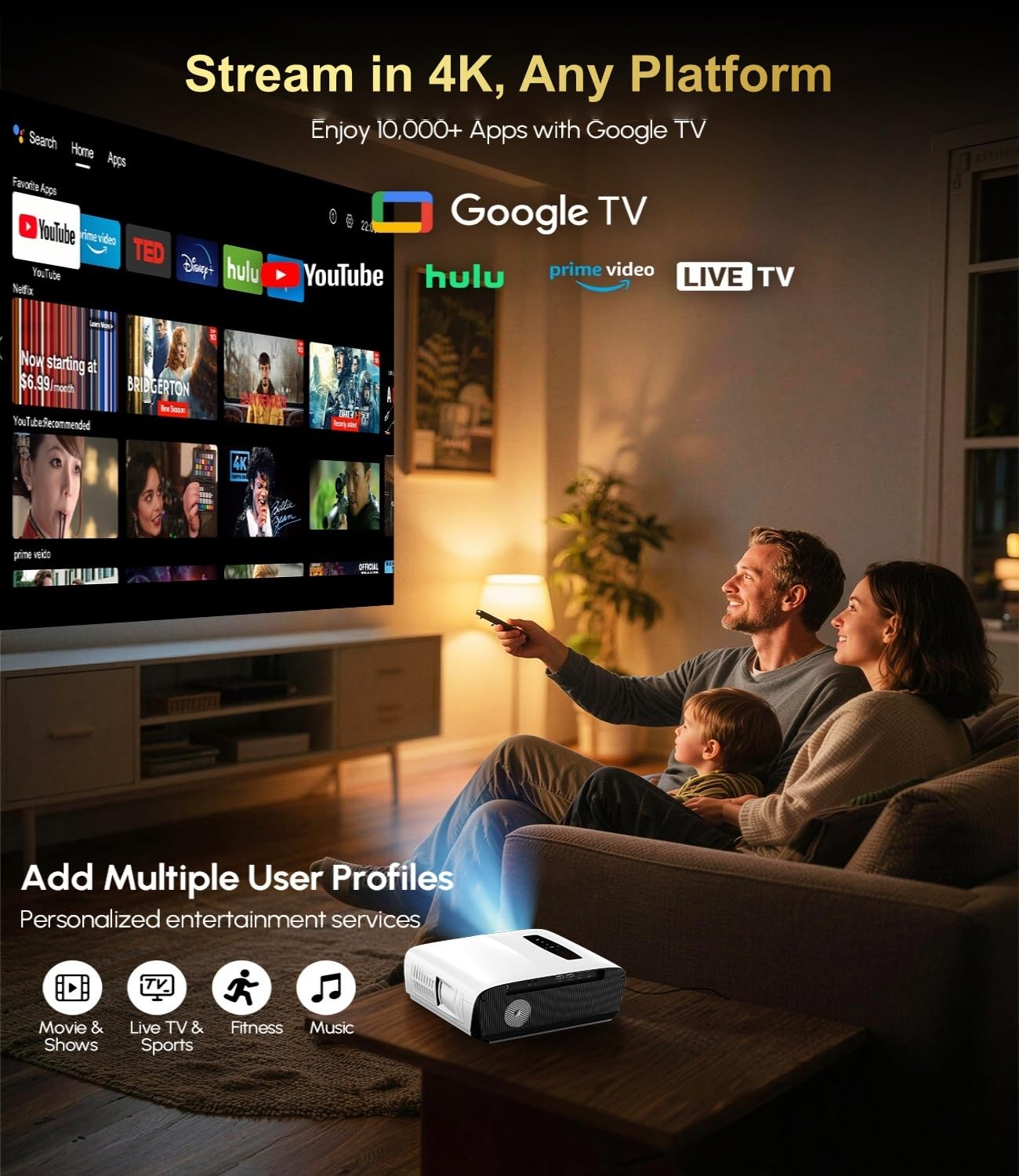 4K Daylight Projector Google TV 2200 ANSI Lumens, HDR10 Smart Home Theater Projector with WiFi6 Bluetooth, TOF Autofocus, Dolby Audio,3-Brightness, HDMI eARC Outdoor Movie Projector