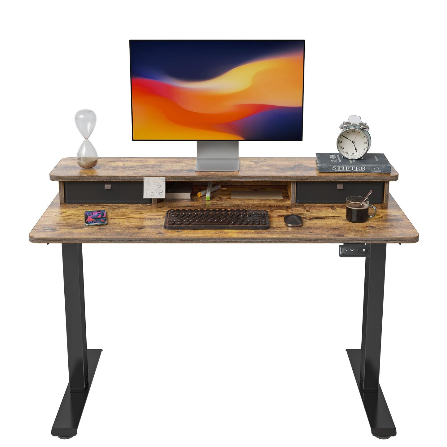 FEZIBO 40 x 24 Inch Height Adjustable Electric Standing Desk with Double Drawer, Stand Up Desk with Storage Shelf, Sit Stand Desk, Rustic Brown