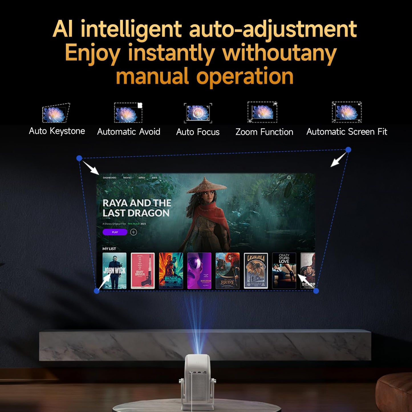 4K Projector [1500 ANSI/ Official-NetfIix] OBE Smart Projector with WiFi 6 & 5.3 Bluetooth, TOF Real-Time Focus Keystone, Portable Projector with Prime Video/ YouTube, 200" Display, HDR 10, 180° Stand
