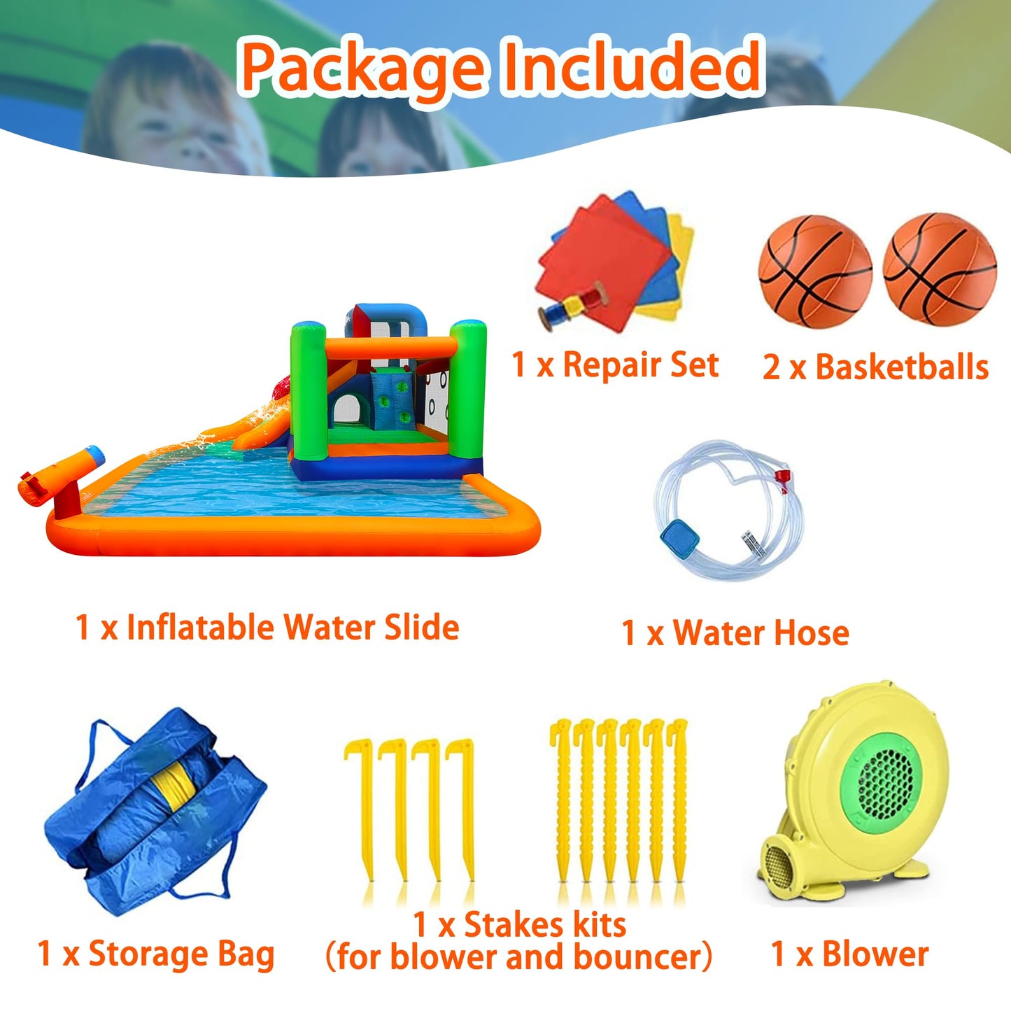 Inflatable Water Slide Spin Combo Jumper Bounce House with Large Slide, Bounce Area, Climbing Wall, Splash Pool, Water Cannon, Basketball Rim, Blower for Backyard Party