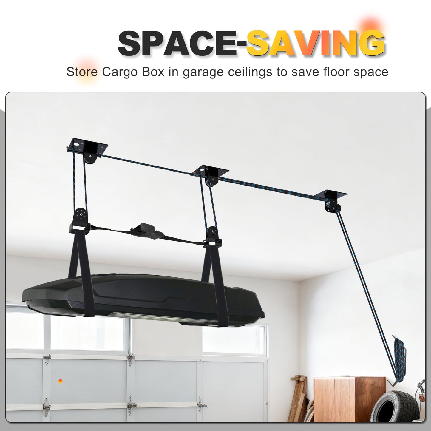 Hikeen Ceiling Hoist for Cargo Box, Heavy Duty Garage Storage Lift Pulley System Holds Up to 150 lbs Capacity, Fits 10-14 Foot Tall Garage Ceilings