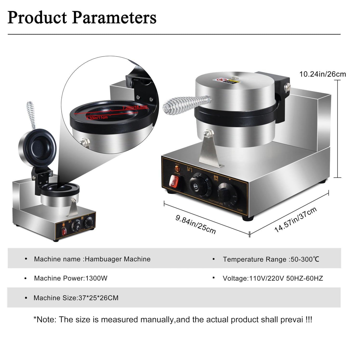 1300W Ice Cream UFO Burger Maker, Burger Waffle Maker, Hamburger sandwich machine Non-stick Panini press waffle machine, Non stick pan coating, stainless steel body, with temp and timer control.