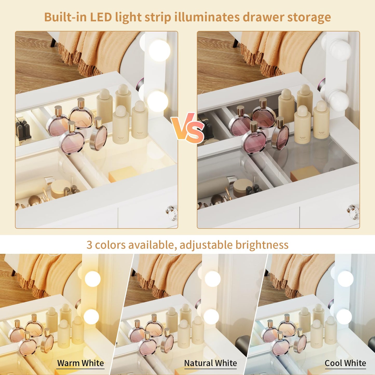 VOWNER Vanity with Lighted Mirror - Makeup Vanity Desk with Glass Top and 11 Drawers, 3 Color Lighting Modes Adjustable Brightness, 46" Vanity Table with Soft Cushioned Stool for Bedroom, White