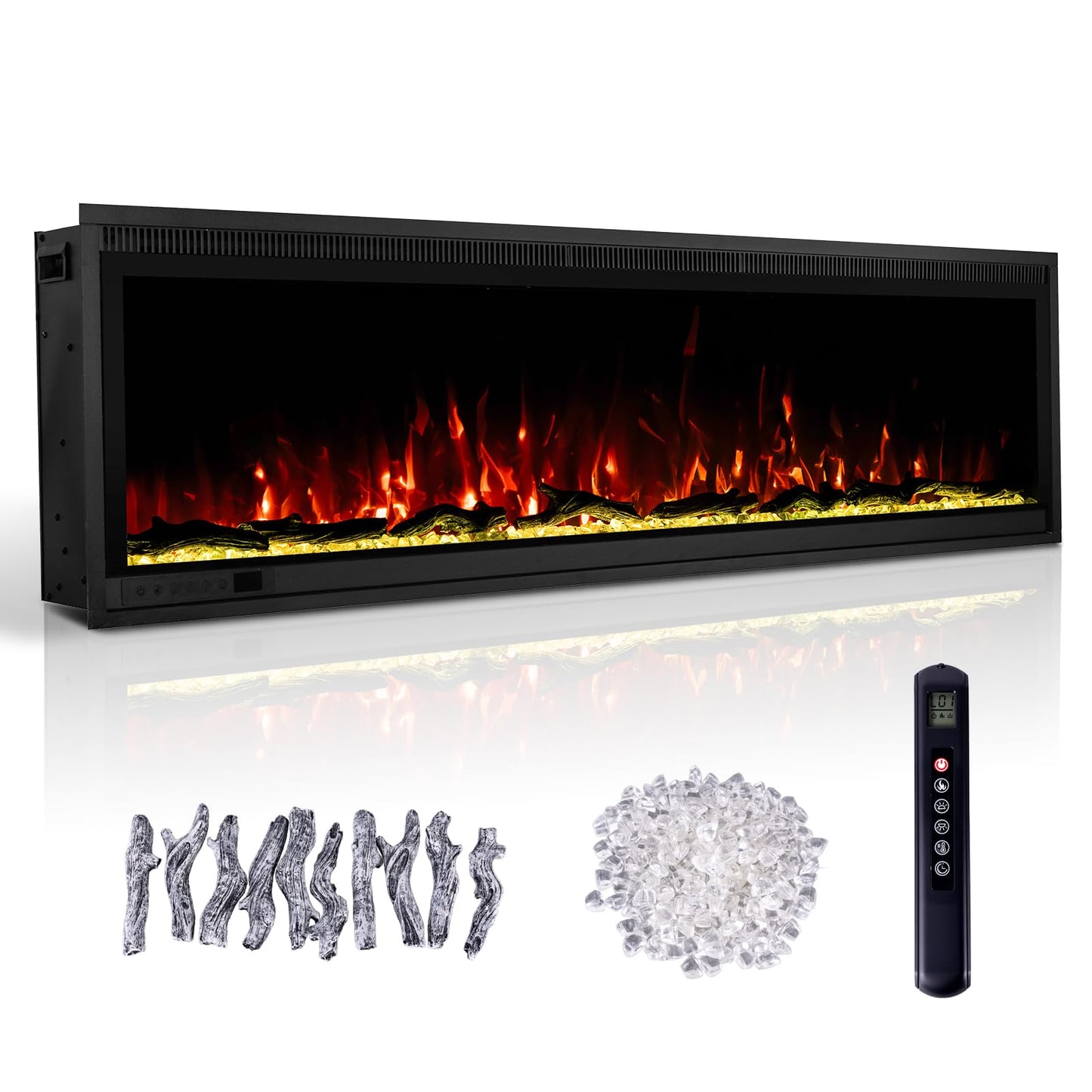 40" Linear Electric Fireplace Heater Insert: Ultra-Narrow Frame Wide Screen, 13 Flame & Ember Colors, 3 Top Light Colors. Wall Mount/Recessed,1500W/750W with Remote & Touch Control, Log & Crystal Set