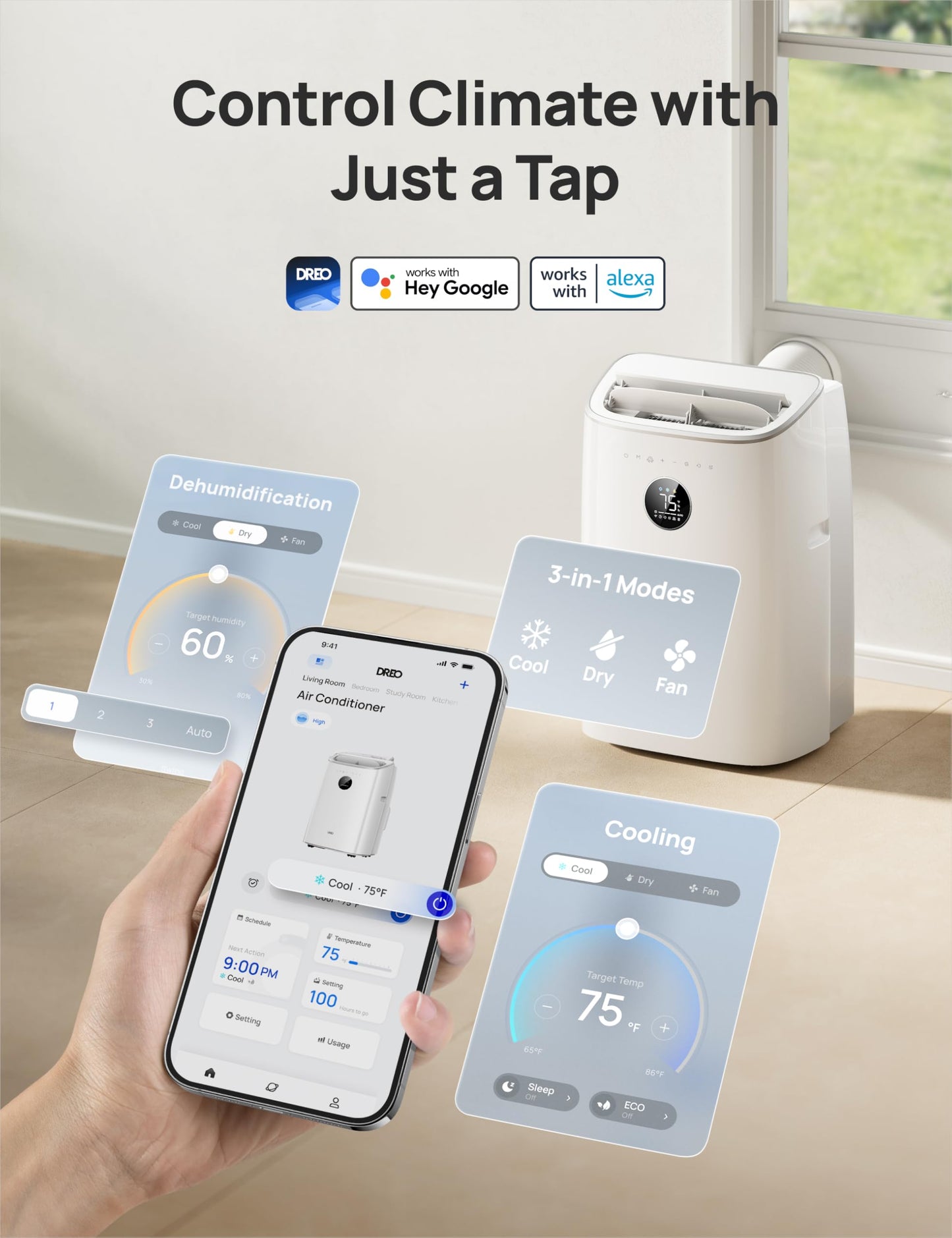 DREO Portable Air Conditioners, 8000 BTU ASHRAE (5000 BTU DOE) Smart AC Unit for Bedroom with Drainage-free Cooling, 45dB Quiet, APP/Voice/Remote, Portable AC for Room Indoors, AC318S