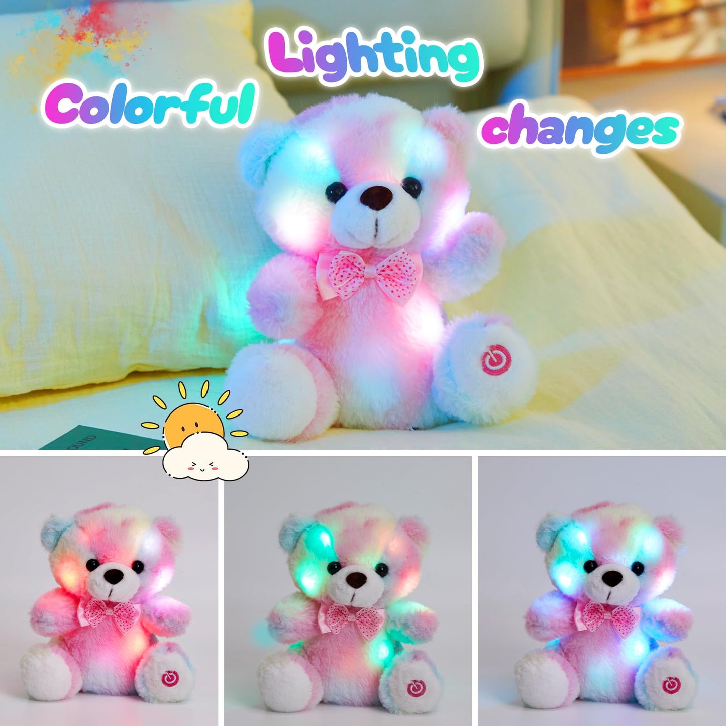 BSTAOFY Light up RainbowTeddy Bear LED Stuffed Animal Soft Nightlight Glow Bear Plush Toy Gifts for Kids Mom Girls Birthday Valentines, 8"