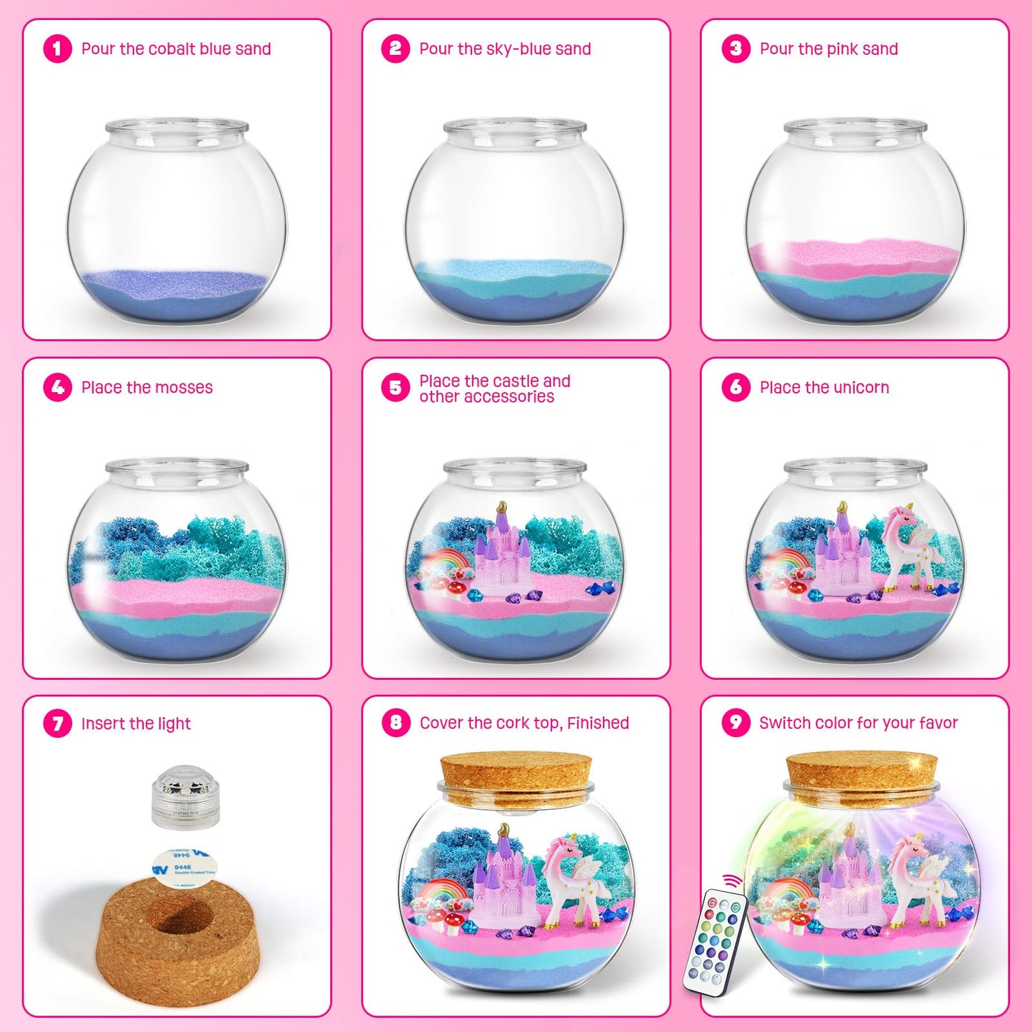 LAOESE Unicorn Light-Up Terrarium Kit for Kids – LED Night Light DIY Arts and Crafts Kit, Unicorn Toys for Girls Ages 4 5 6 7 8-12 – Birthday Easter Gifts for Girls