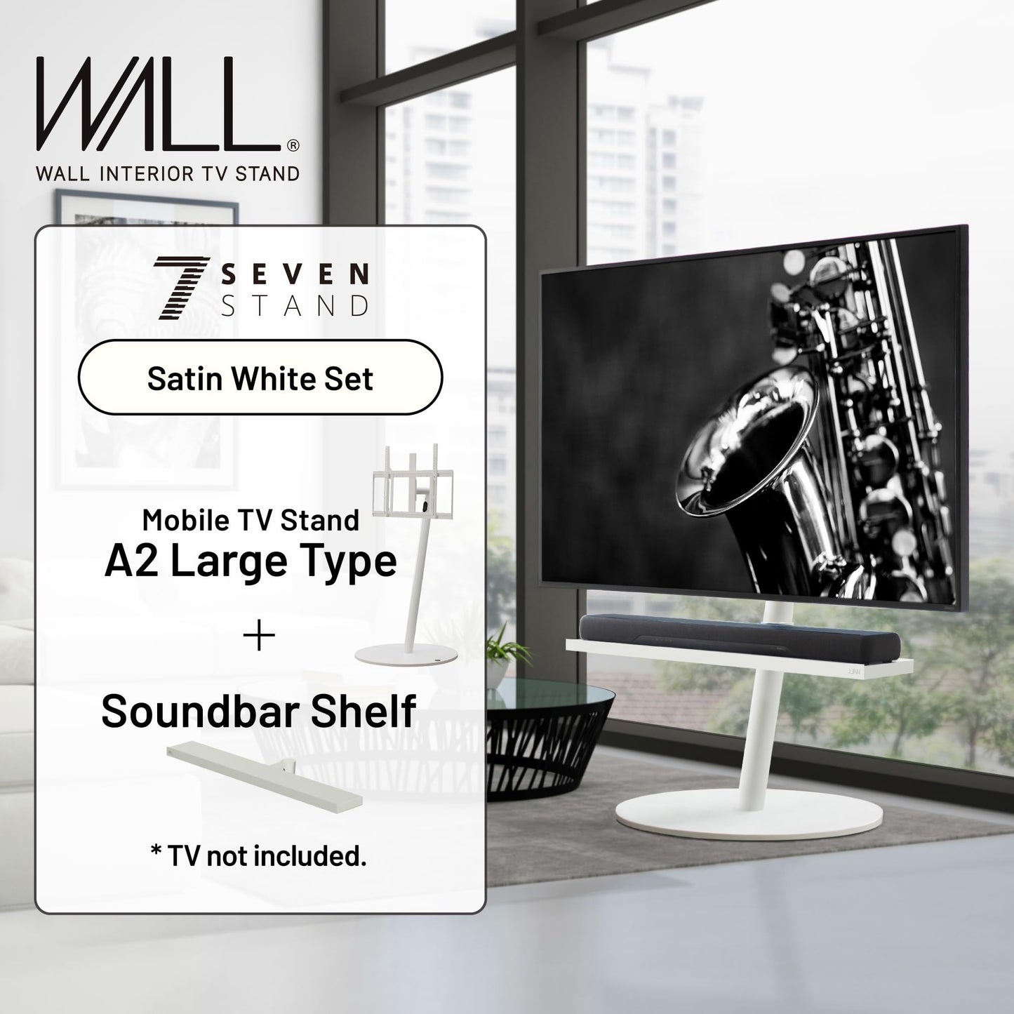 WALL Seven Stand A2 Large | Rolling TV Stand for 45–80" w/ 37.4" Soundbar Shelf | Satin White | Portable TV Stand with Shelf | Height Adjustable, Space Saving, for Living Room and Bedroom