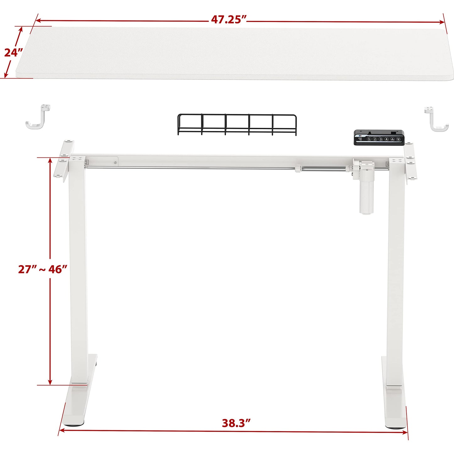 SHW 48-Inch Electric Height Adjustable Sit to Stand Desk with Hanging Hooks and Cable Management, White Frame and White Top
