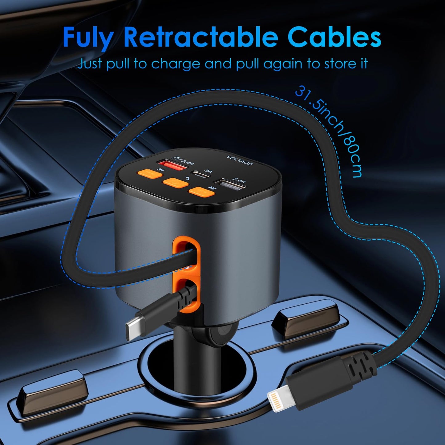 Retractable Car Charger,5 in 1 Fast Cars Phone Charger 90W,Bluetooth 5.3 FM Transmitter Adapter,Handsfree Call,2 Retractable Cables and USB Chargers for iPhone17/16 15/14/13