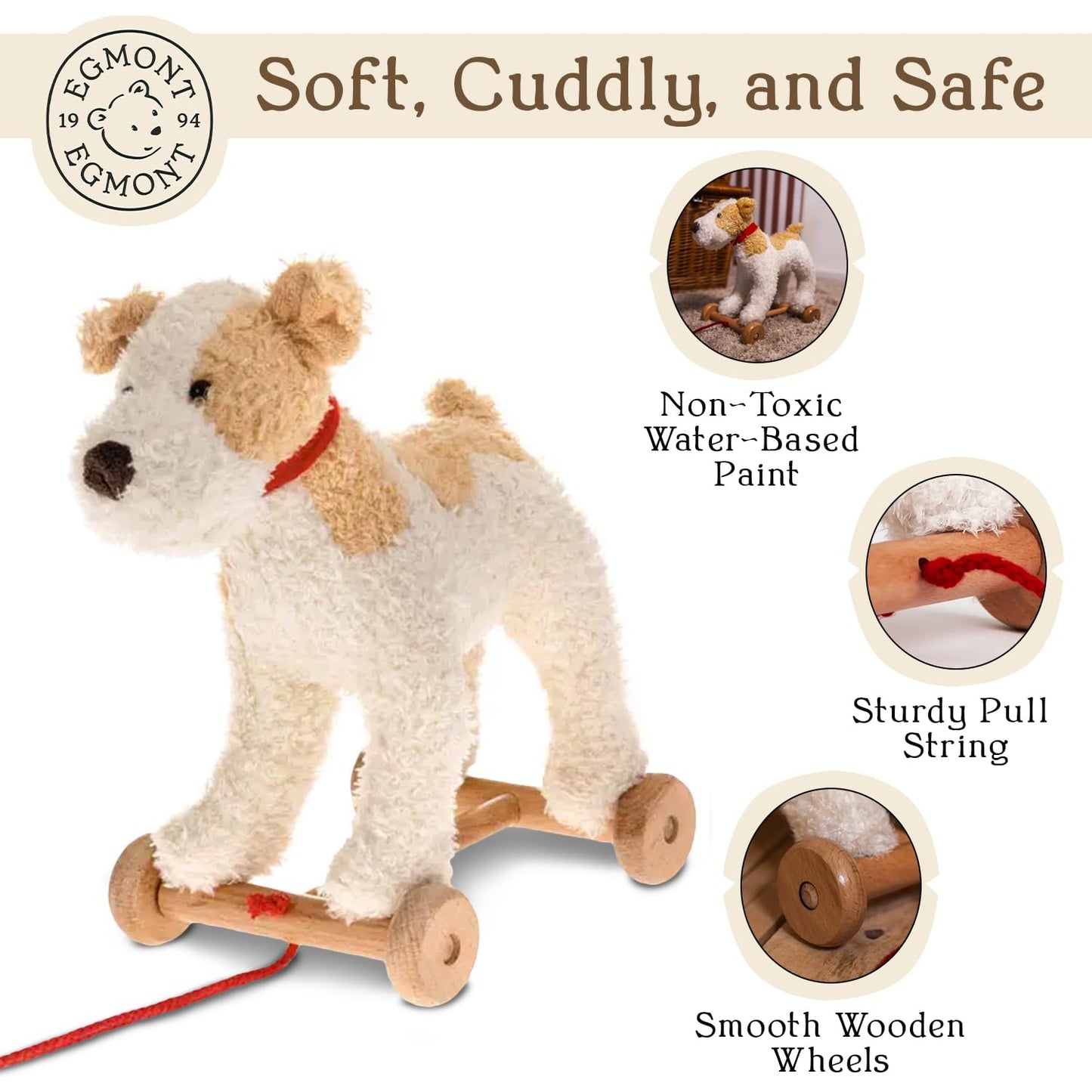 Egmont Toys Eliot Wooden Pull Dog – Montessori Toy for 1 Year Old, Plush Dog Pull Along Set on Wheels, Toddler Pull Puppy, Wooden Soft Plush for Boys and Girls, Educational Baby Drag Along Gift