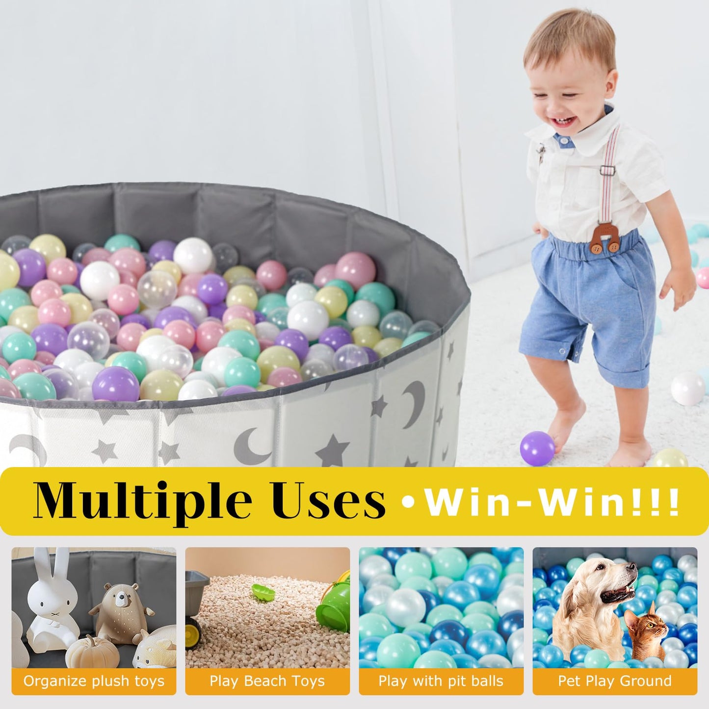 40Inch Kids Ball Pit, Foldable & Portable & Reusable Balls Pool for Toddlers,Playpen/Fence for Baby, Play Pool for Dog, Indoor & Outdoor Use, Oversized (Star/Moon)