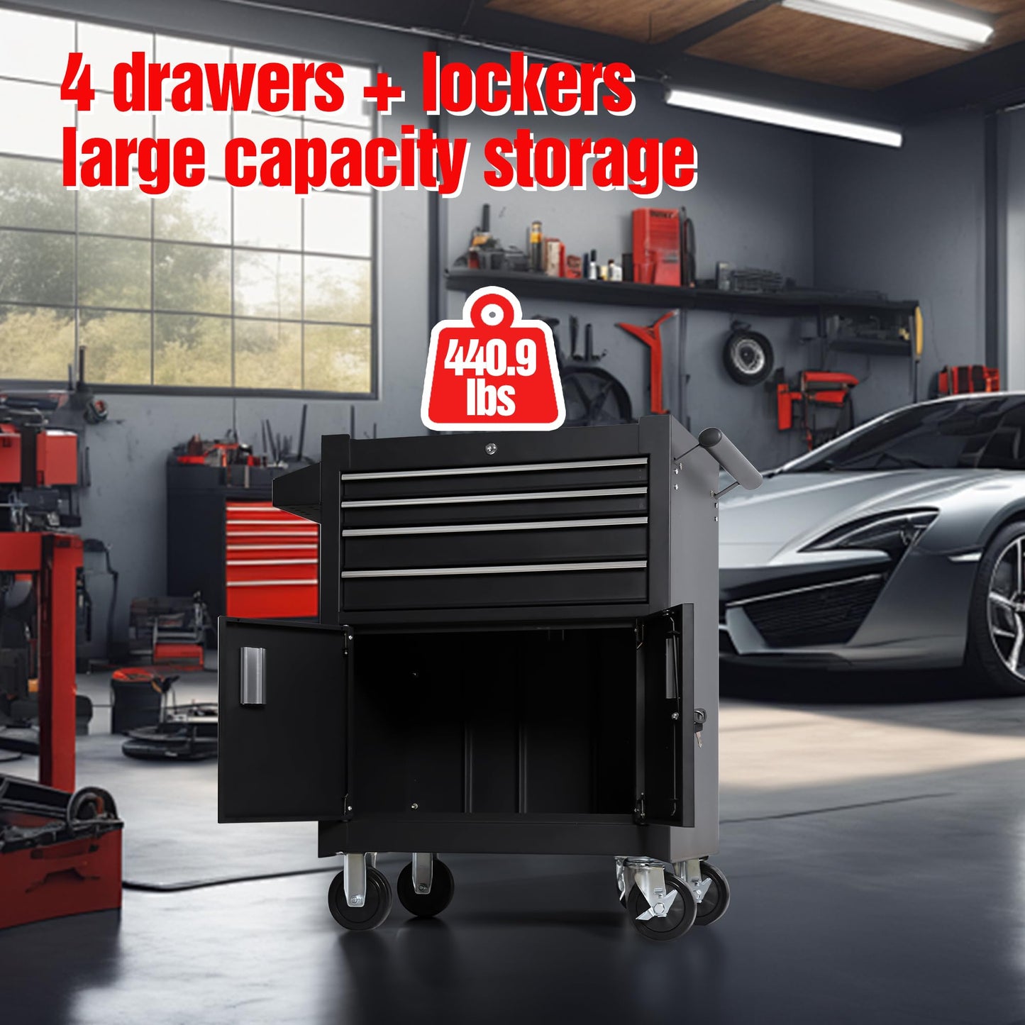 TANKSTORM 26" Professional Tool Chest Heavy Duty Cart Steel Rolling Tool Box with 4 Lockable Drawers and Doors/Profossional Grade (TZ64-BK)