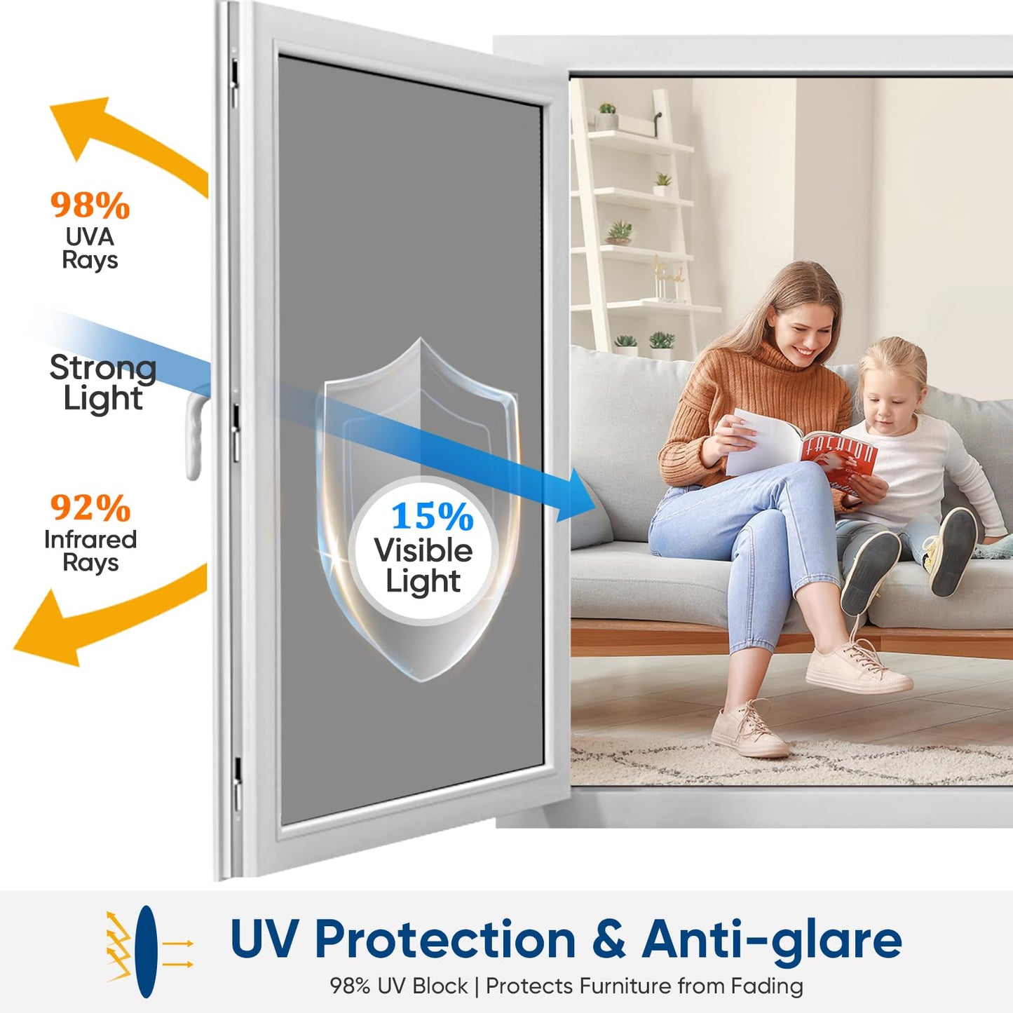 SUNBABY Window Tint for Home, One Way Privacy Film Heat & UV Blocking, Static Cling No Glue Renter Friendly Cover for Home Bedroom, Office & Sliding Glass Door, 45 x 157.5 Inch with 3 Tools, Black