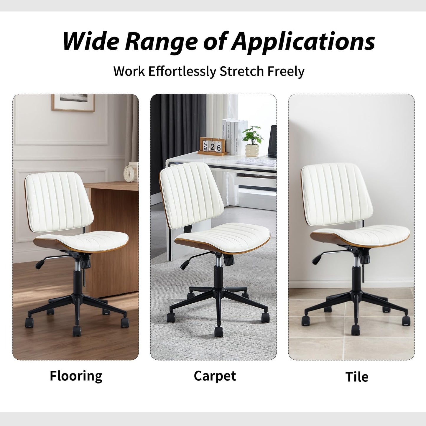VipDesk Small Home Office Chair - Armless Mid Back Desk Chair with 360° Swivel and Wheels, PU Upholstered Height Adjustable Modern Walnut Computer Chair for Home, Office Meeting Room - Black