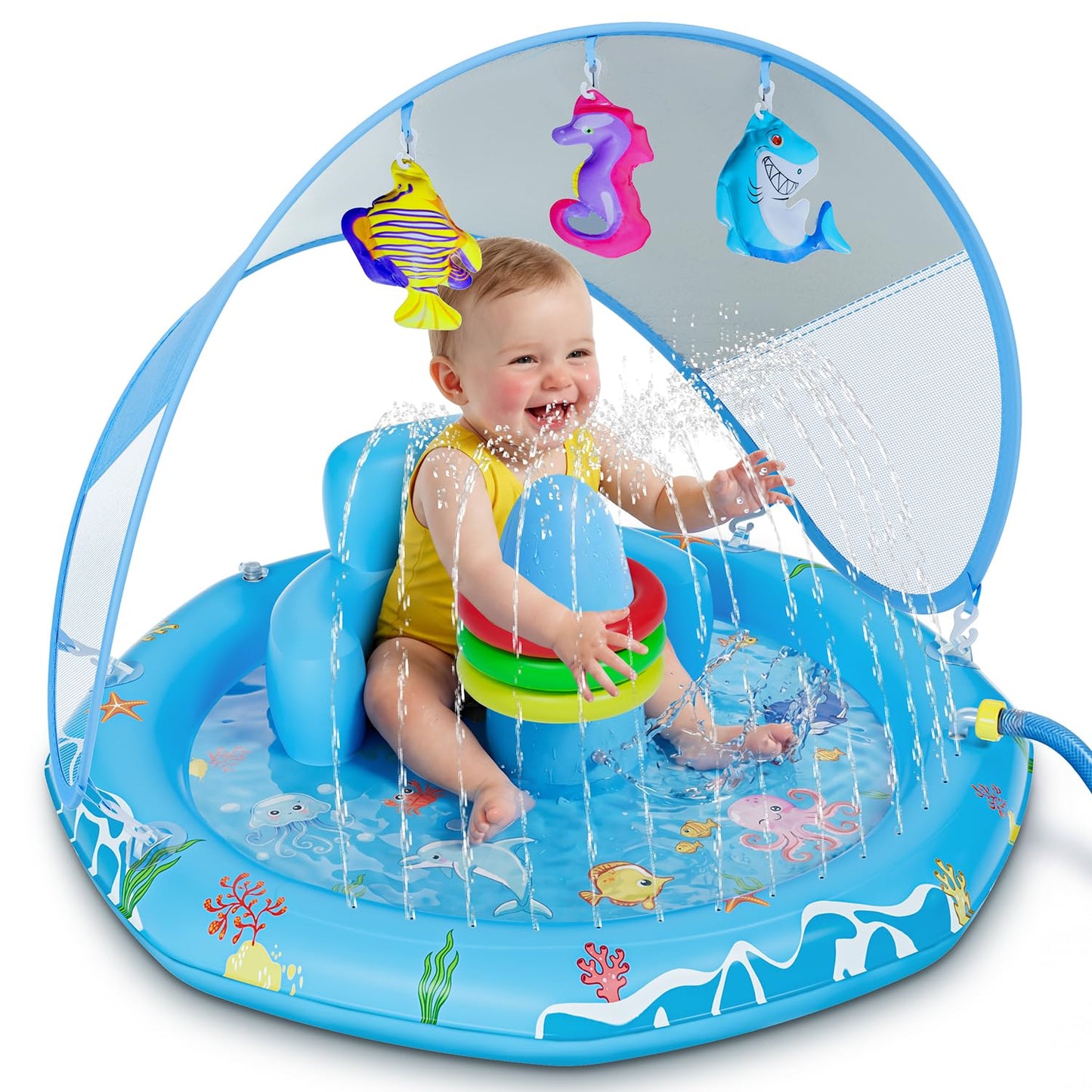 Verdenu Baby Splash Pad with Canopy, Baby Play Mat with Sprinkler, Toddler Splash Sprinkler Pad with Backrest & Stackable Rings, Summer Outdoor Water Play Toys for Boys Girls