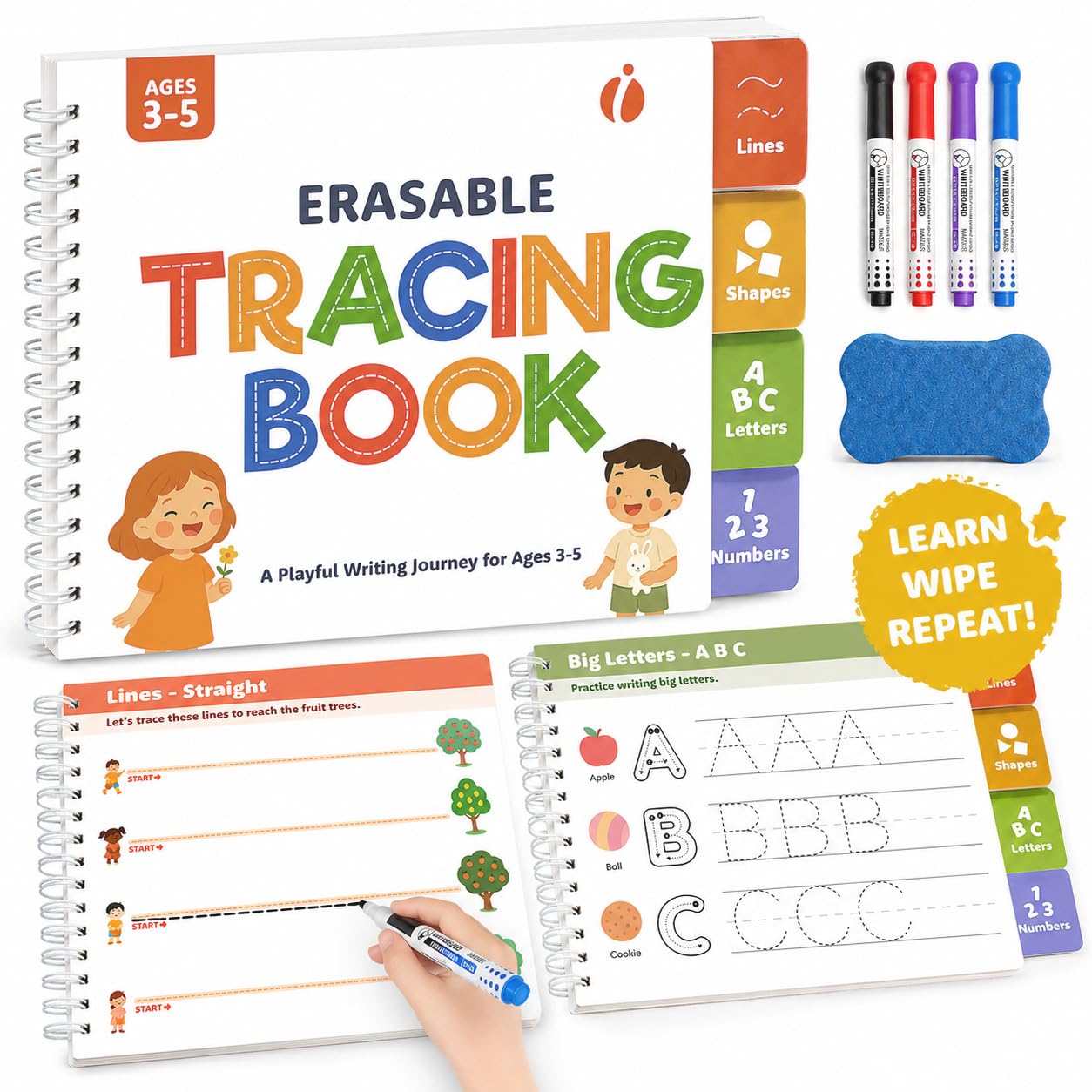 inamio Tracing Book for Kids Ages 3-5 - ABC Preschool Learning Activities, Reusable Handwriting Workbook, Childrens Busy Books for Pen Control - Alphabet & Letter Handwriting Practice for Kids