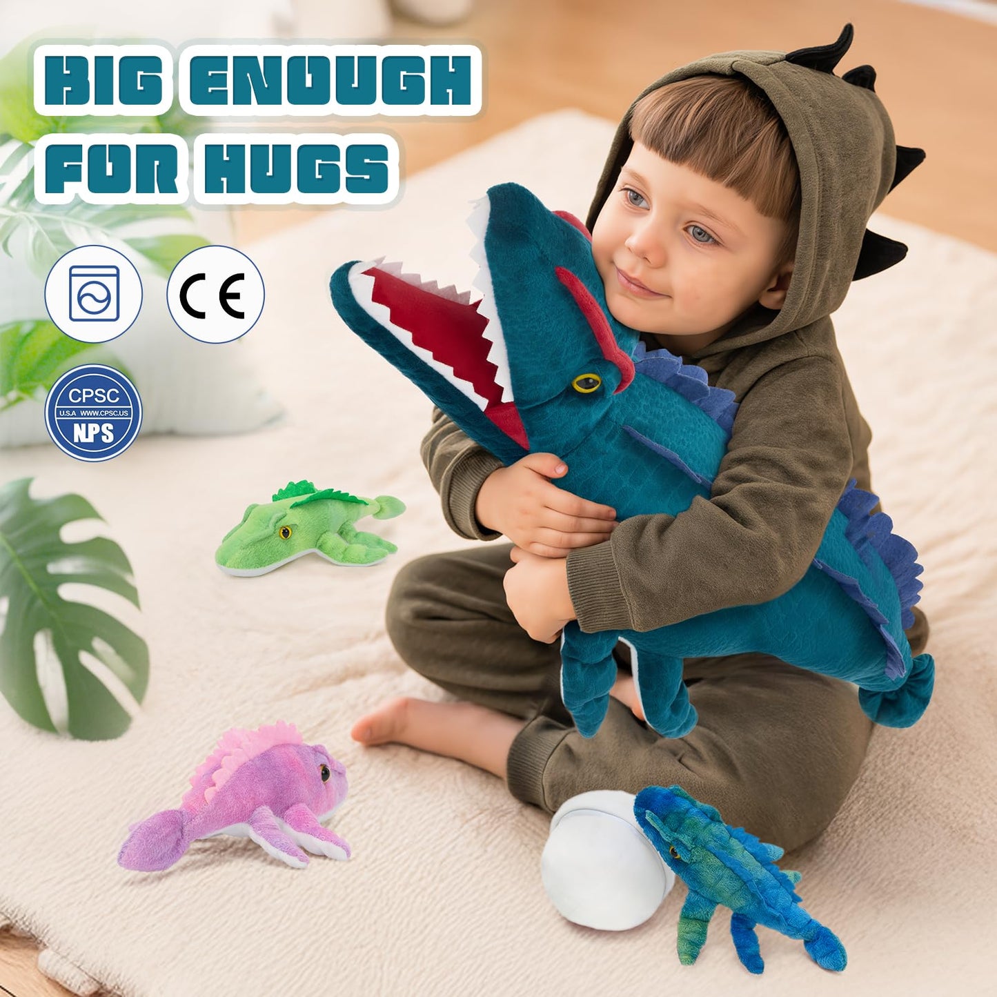Karister Blue Dinosaur Stuffed Animal,Giant Dinosaur Plush Toy,Mommy Dino with Babies & Egg, Soft Mosasaur Plushie,Realistic Dinos Stuffy,Gifts for Kids Boys Girls Easter Christmas Birthday