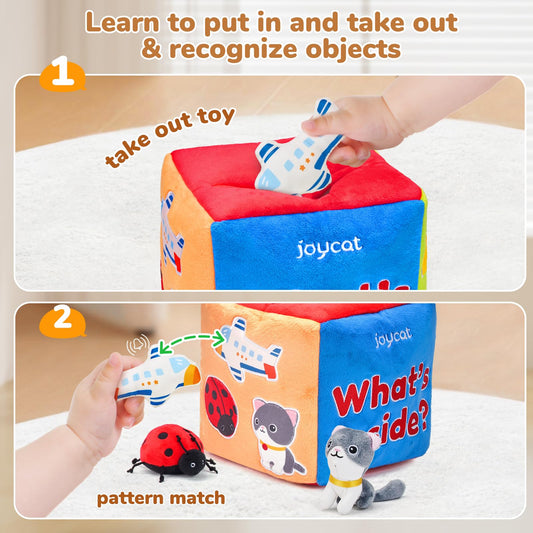 JoyCat Baby Toys 6-12 Months - Mystery Soft Box with 10 Sensory Objects, Rattle, Crinkle Paper, Mirror + Ice Cream Toys for Toddlers, Color Recognition Stacking Play Set with 7 Matching Cones & Scoops