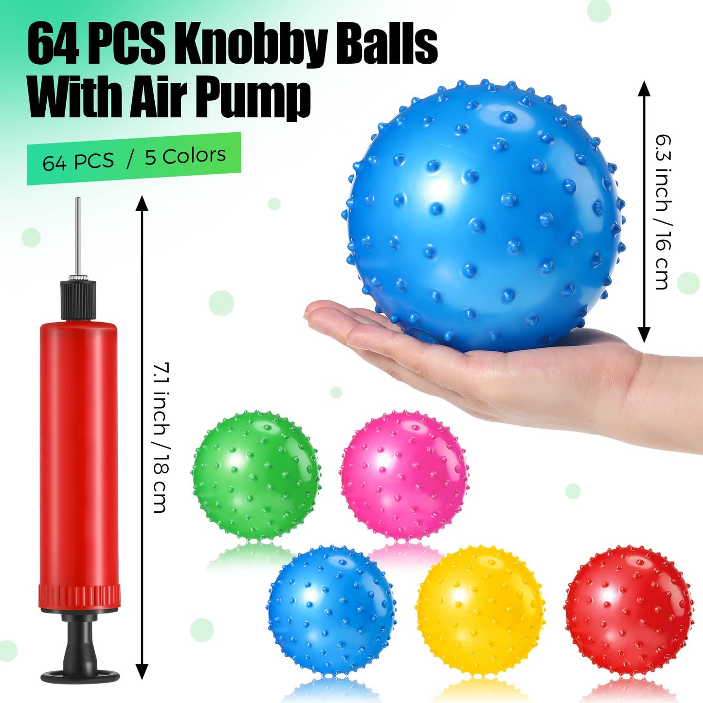 Jerify 64 Pieces 6.3 Inch Knobby Balls for Kids Sensory Balls with Air Pump Small Inflatable Bouncy Soft Spiky Toddler Bounce Party Favors Summer Beach Pool Baby Massage Stress Play Set, 5 Colors