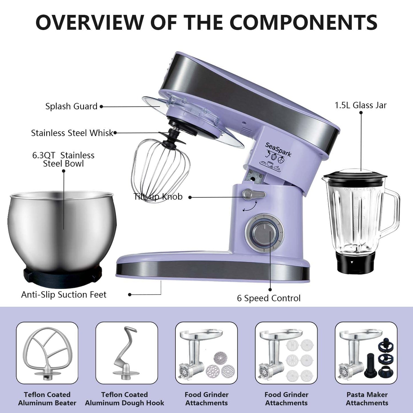 SeaSpark Multifunctional Stand Mixer, 6 in 1 Stand Mixer, 6.3Qt Tilt-head, Standing Mixer with Stainless Steel Bowl, Meat Grinder, Juice Blender, for professional Baking and Most Home Cooks, Purple