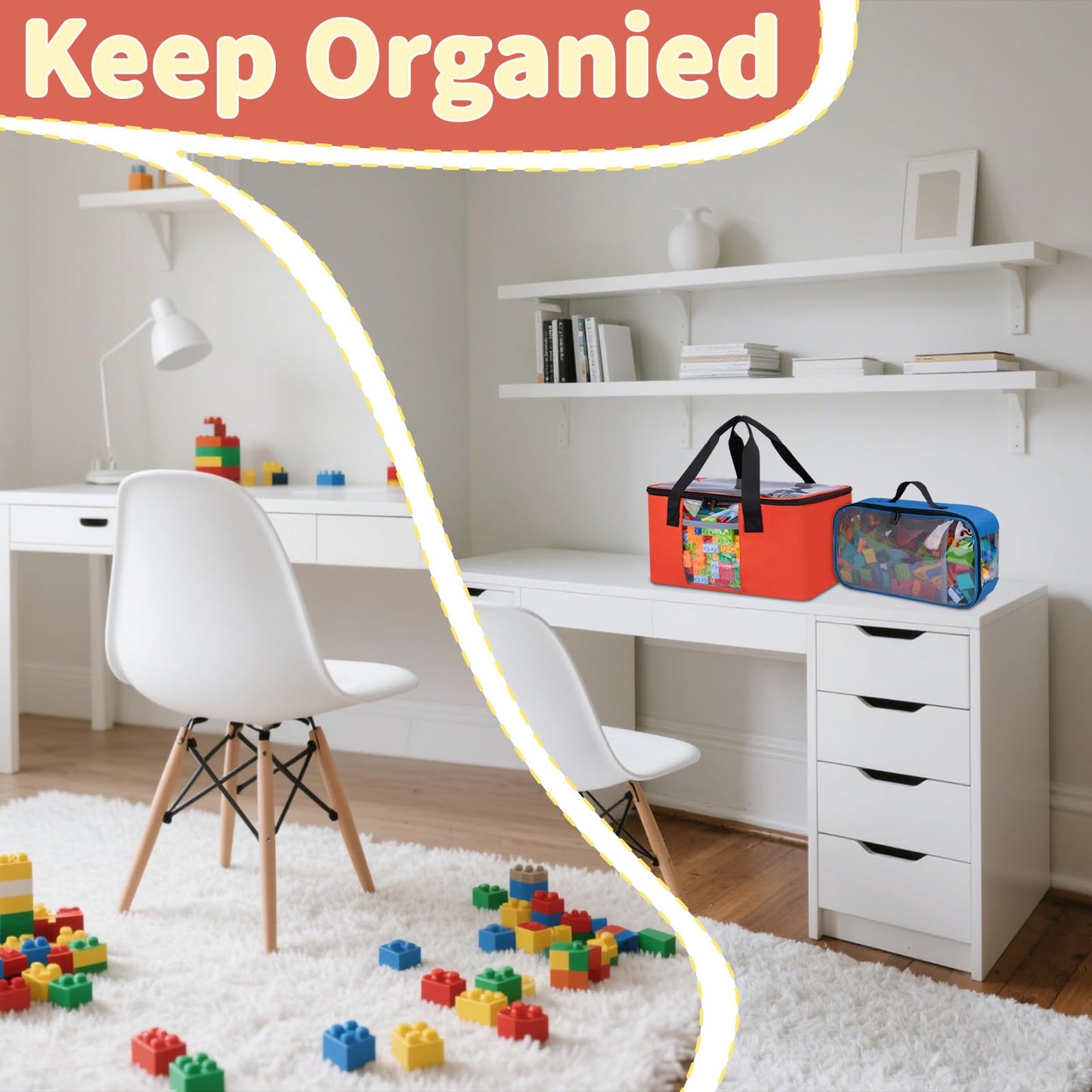 Wigojoy 4 PCS Magnetic Tiles Storage Bag, Toy Storage Bags With Visual Top Flap, Label Pocket and Mesh Pockets Fit for LEGO, Building Blocks, Magnetic Tiles, Toy Cars