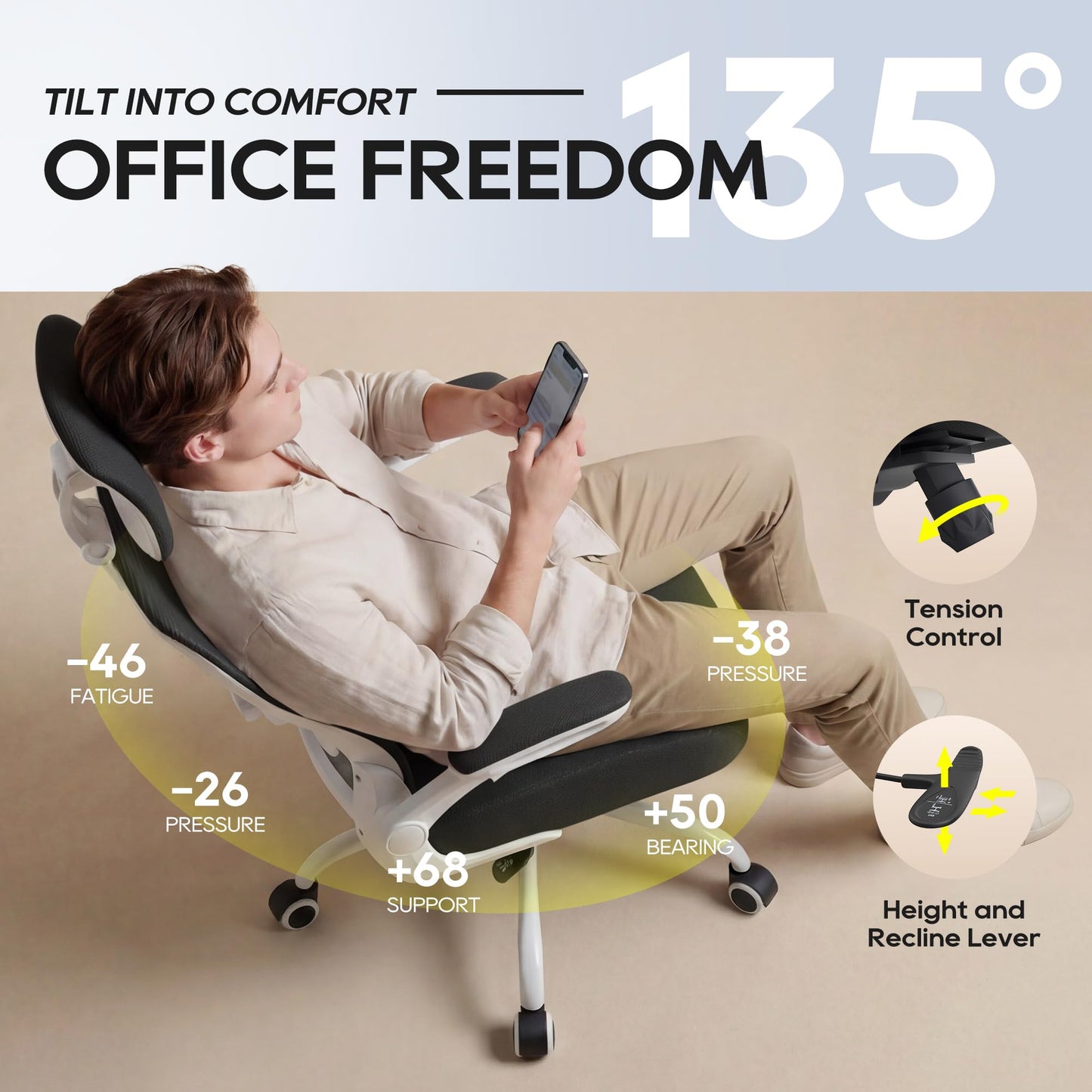 Zeonsit Ergonomic Office Chair, High Back Mesh Desk Chair with Adjustable Lumbar Support & Headrest, Flip-up Armrest, Computer Task Chairs for Home and Executive Office (W-Black)