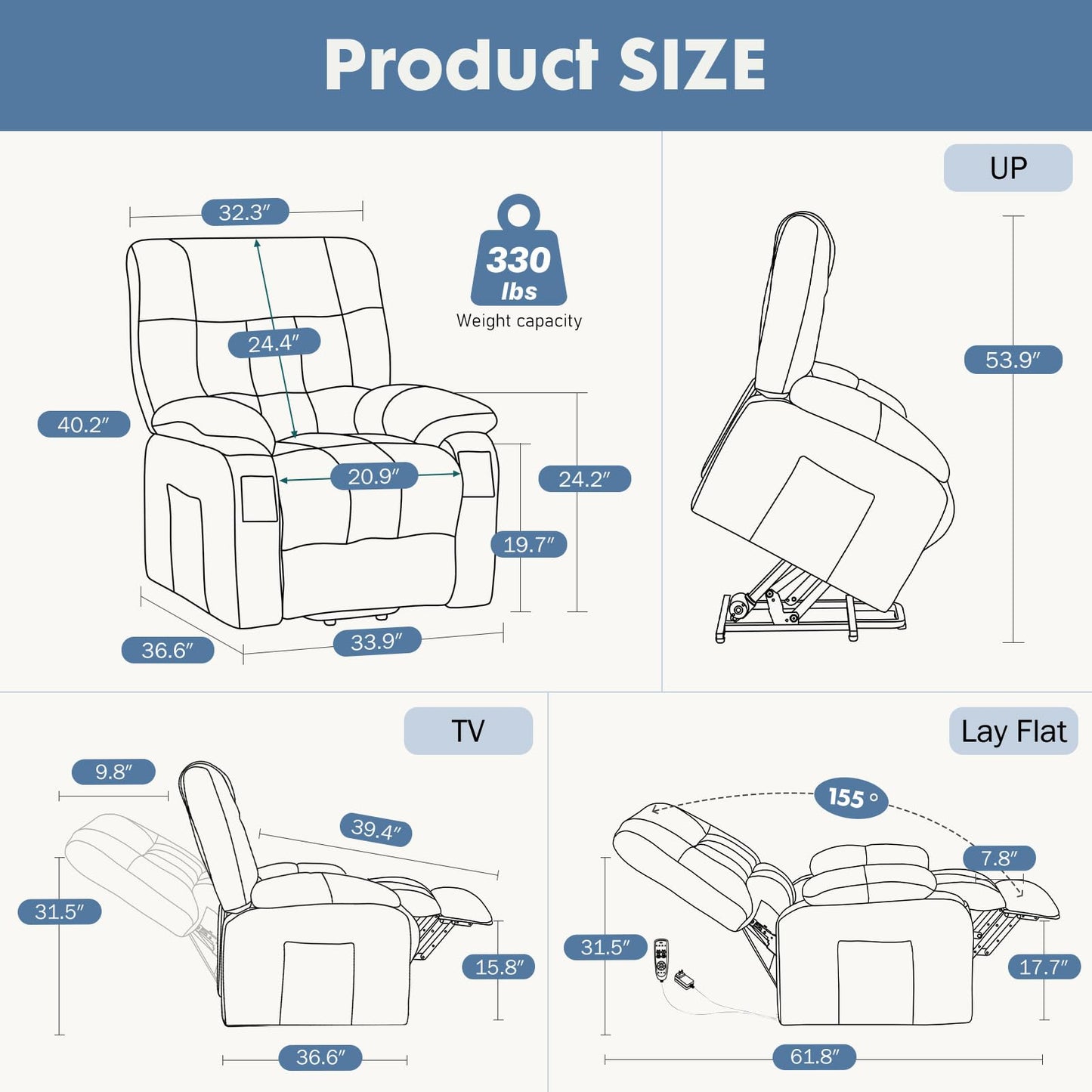 DUMOS Power Lift Recliner Chair with Vibration Massage and Heat for Elderly, Ergonomic Overstuffed Breathable Fabric Reclining Chair with 3 Pockets, Remote Control, Living Room, Bedroom, Grey