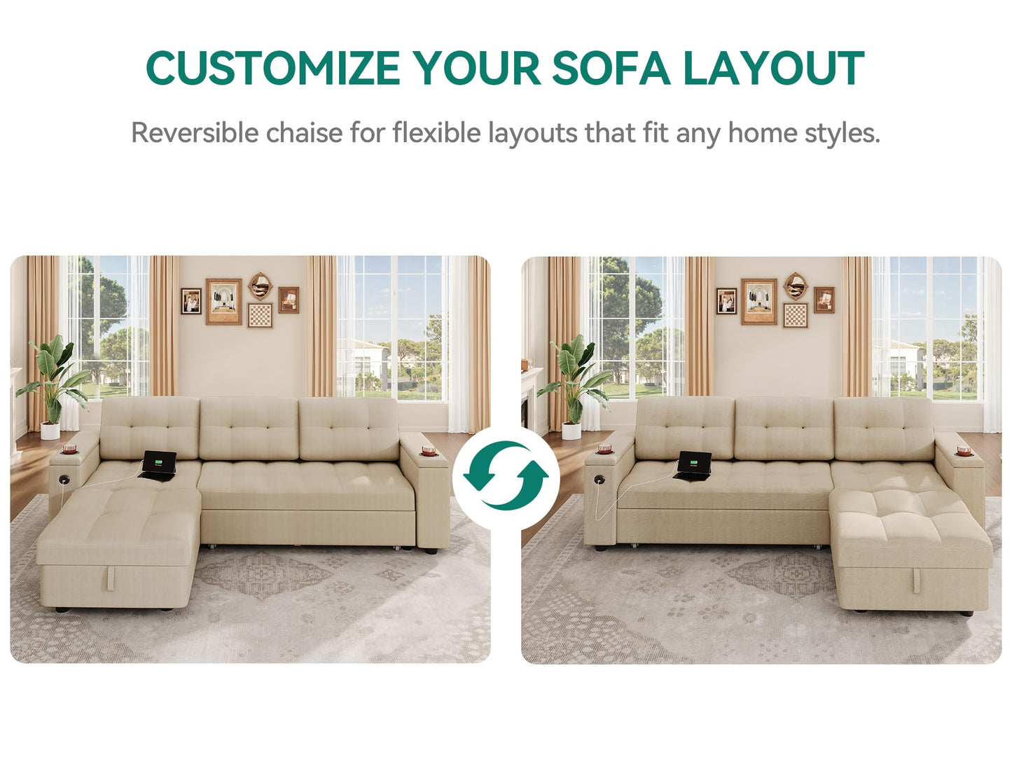 YITAHOME Sleeper Sofa, L-Shaped Sofa Couch Bed with Storage Chaise & USB, Reversible Sleeper with Pull Out Bed, 4-Seat Fabric Convertible Sofa, 2-in-1 Pull Out for Living Room, Beige