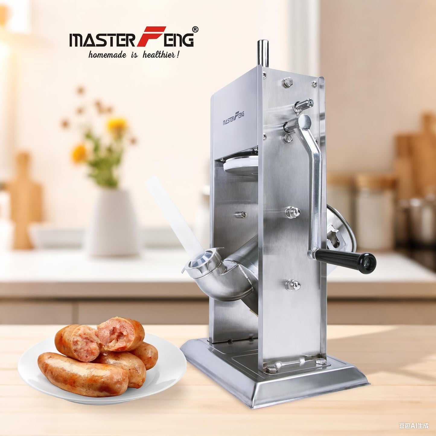 MASTER FENG Stainless Steel Sausage Stuffer, Manual 3L Capacity, Homemade Vertical Sausage Maker Two Speed Meat Filling Machine