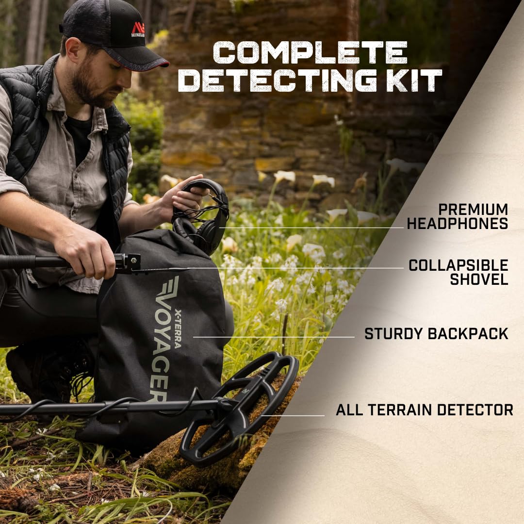 MINELAB X-Terra Voyager All-Terrain Professional Pinpointing Metal Detector for Adults, 4 Detect Modes, Clear Target ID, Backlit Displays, Complete with Waterproof Coil, Headphones, Backpack, Shovel
