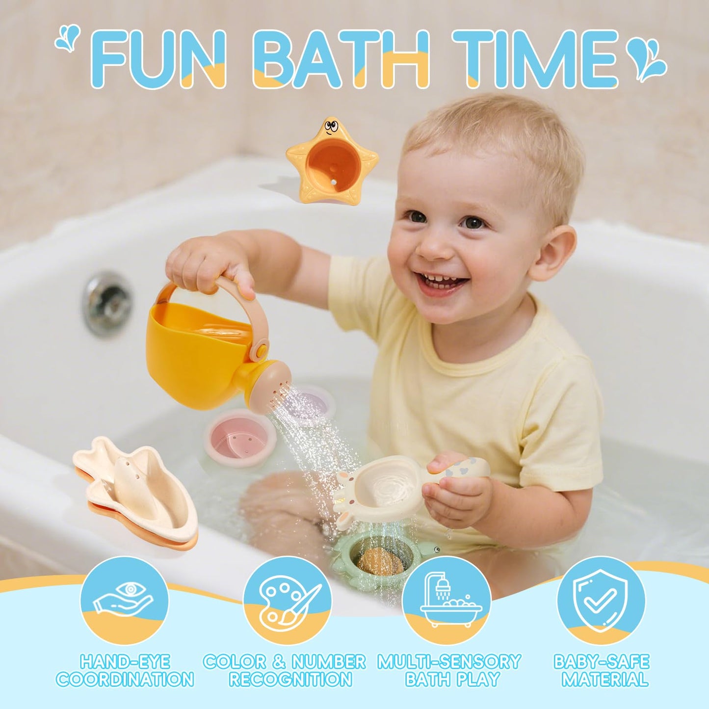 Baby Bath Toys for Kids Ages 1-3, 16PCS Mold Free Bath Toys for Toddler 2-4 & Babies 6-12-18 Months Bath Cups Watering Can with Storage Bag Montessori Bathtub Sand Pool Water Toys for 1+ Years Old