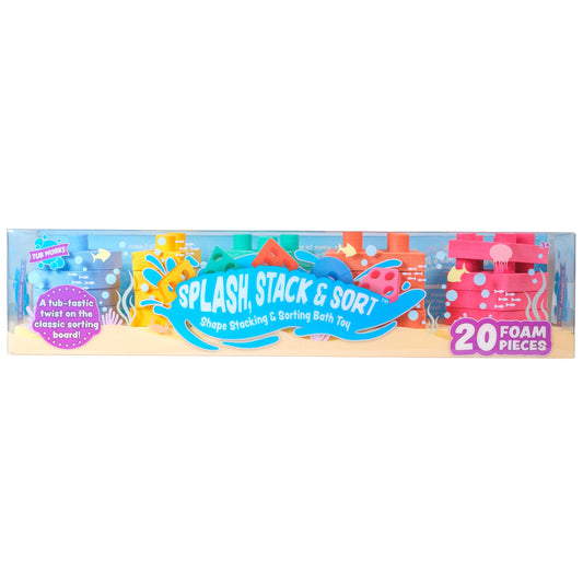 Tub Works® Splash, Stack & Sort™ Shape Sorter & Stacking Toddler Bath Toy | 20 Foam Pieces | Color Sorting & Shape Stacking Kids Bath Toys | Floats & Sticks to Tub Walls | Early Learning Bathtub Toys