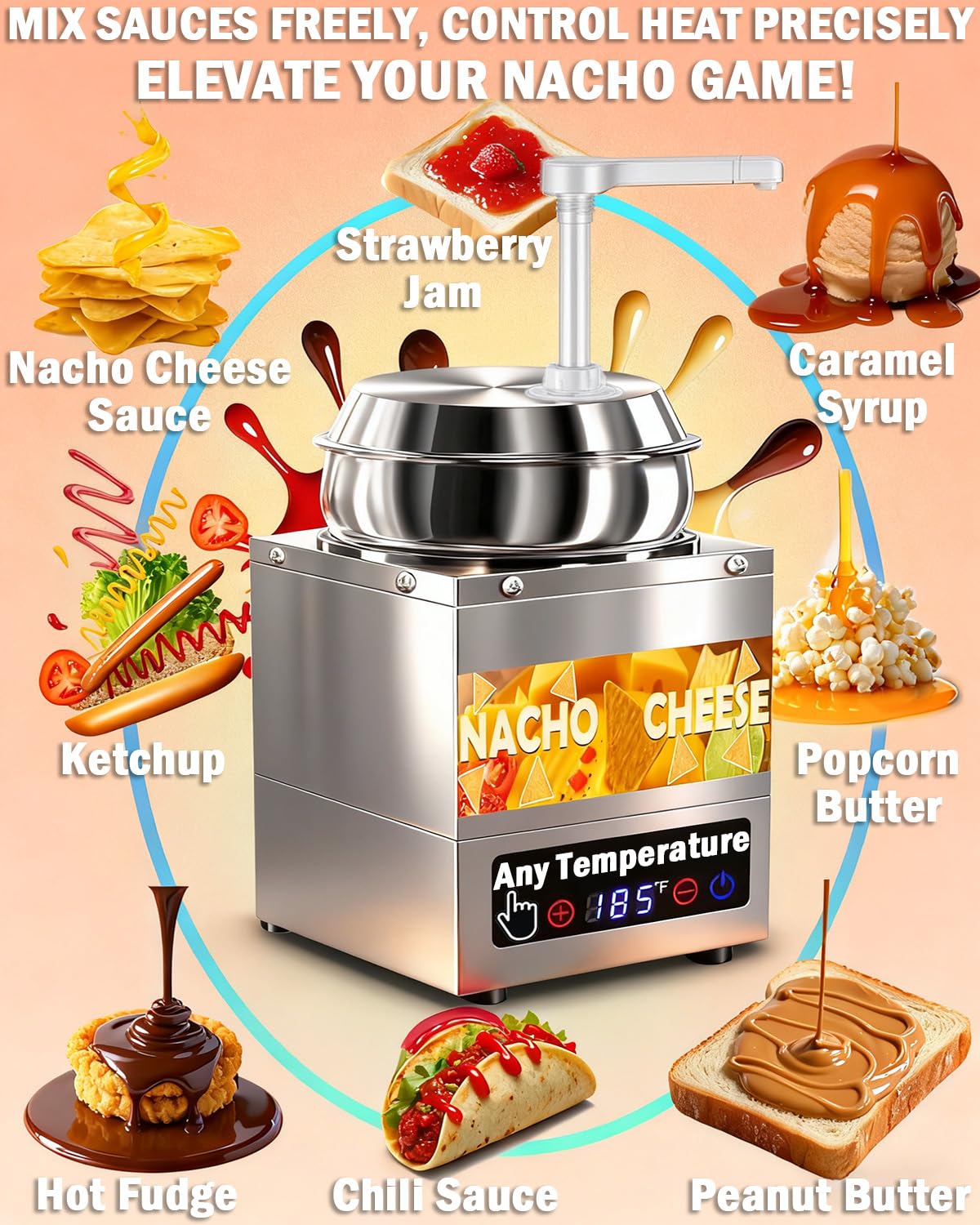 Nacho Cheese Dispenser with Pump - 7.6 QT Nacho Cheese Sauce Warmer Machine, Hot Fudge Warmer with 6-Level Temperature Adjustment, Commercial Dispenser for Syrup Hot Chili Caramel Peanut Butter