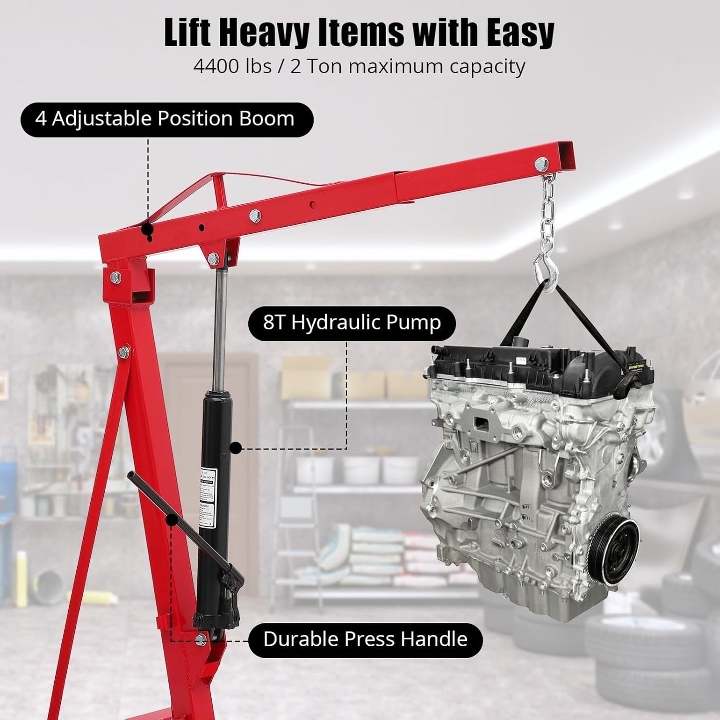 EliteEdge 2-Ton Folding Engine Hoist Cherry Picker 4400 Lb Capacity Hydraulic Shop Crane with Telescoping Boom 6 Caster Wheels for Automotive Repair Garage Use Includes Hitch and Storage Stand Red