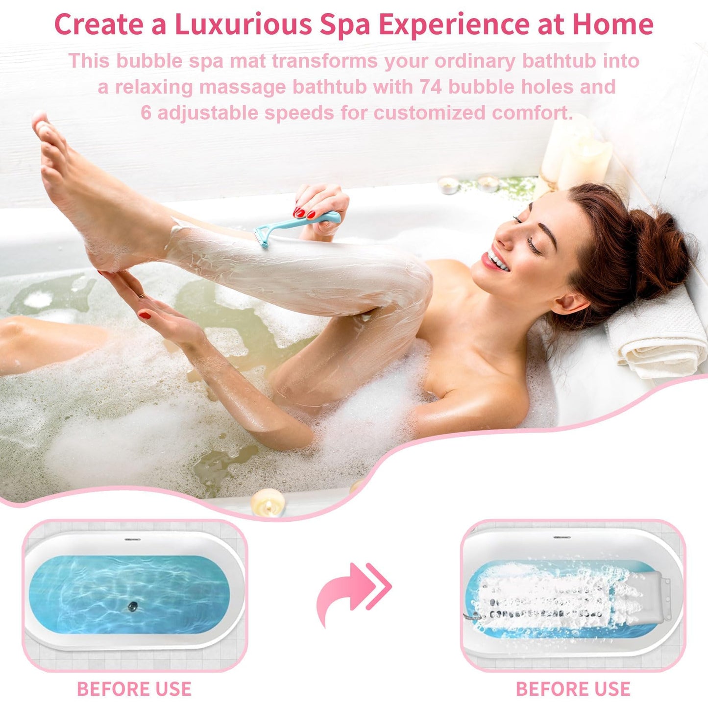 Portable Spa Bubble Bath Massager - Bubble Massage Bath Mat for Bathtub,74 Air Jets with Remote Control, 6 Speed Settings & Non-Slip Suction Cups, Includes Inflatable Pillow for Spa Relaxation (Pink)