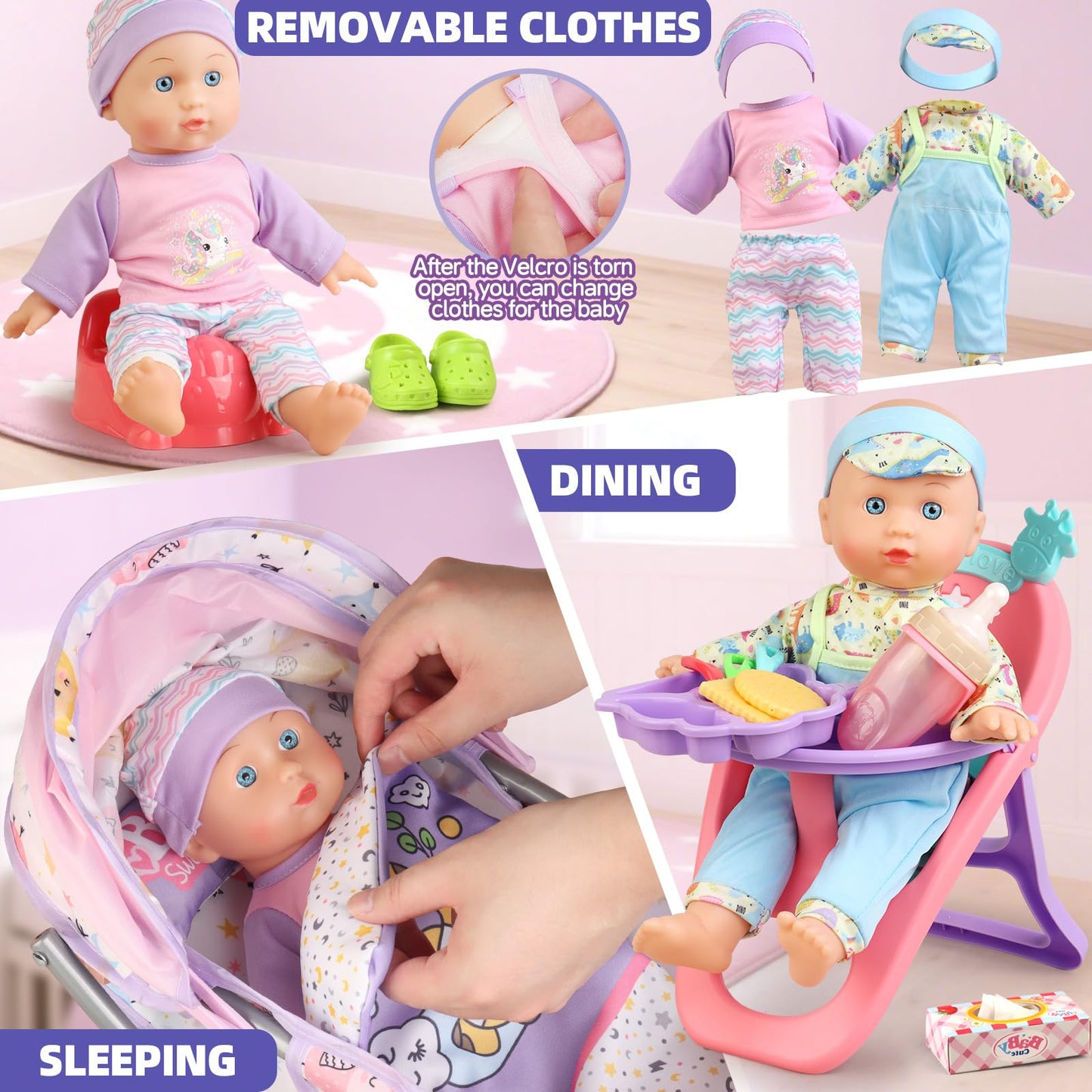 Baby Doll Stroller Playset for Girls Toddlers 3-5 4-6 5-7 Year Old to Play House Games. Stroller Toy with 12.5" Baby Doll, Dining Chair, Quilt Pillow, 24 PCS Doll Accessories and 2 Sets Clothes.