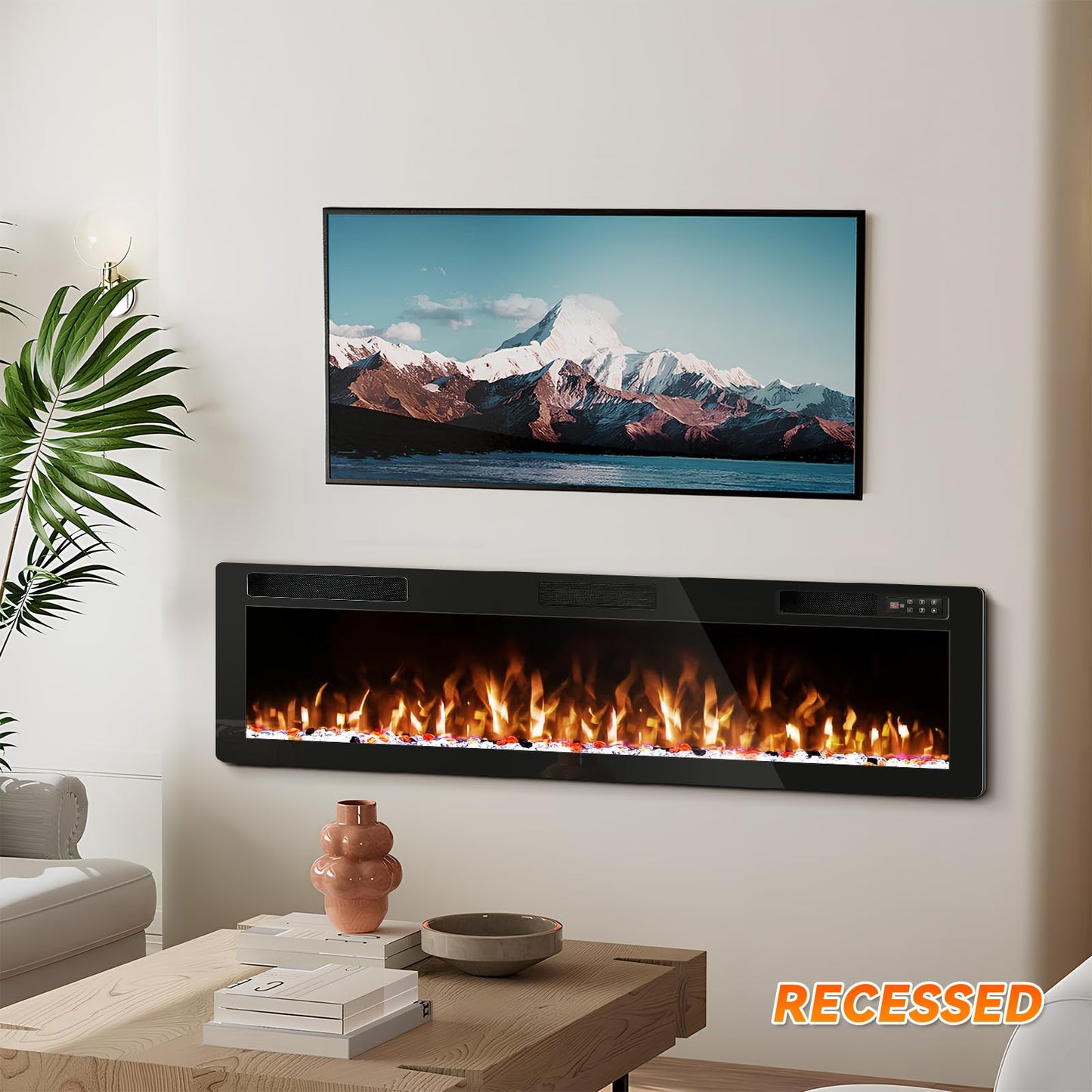 Tornivk 72 Inch Electric Fireplace Inserts Ultra-Thin 750/1500W Linear Electric Fireplace Heater Wall Mounted or Recessed Fireplace Electric with Adjustable Multicolor Flame,Timer