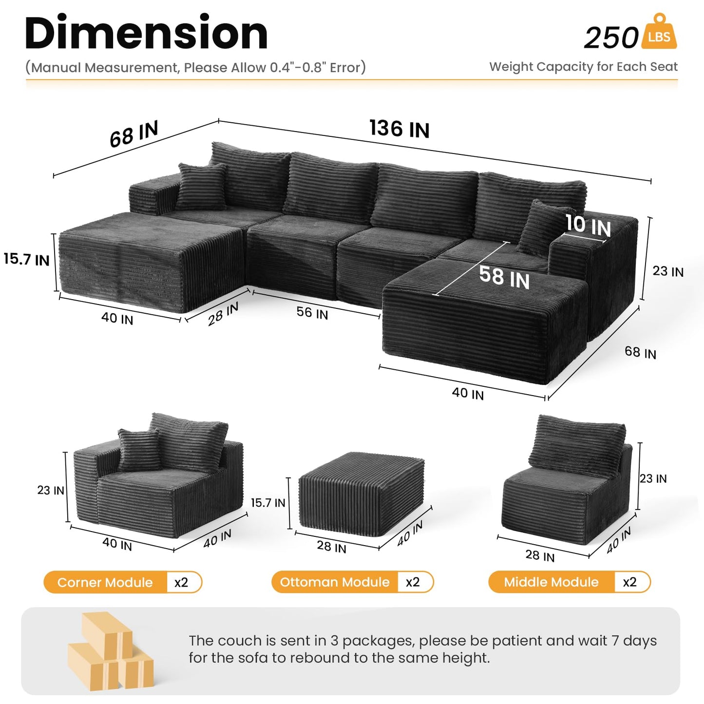 136" U Shaped Cloud Couch Modular Sectional Sofa with Deep Seat, 6 Seater Corduroy Couches, Boneless Couch with 2 Removable Ottomans, Sectional Couches for Living Room, No Assembly Required, Grey