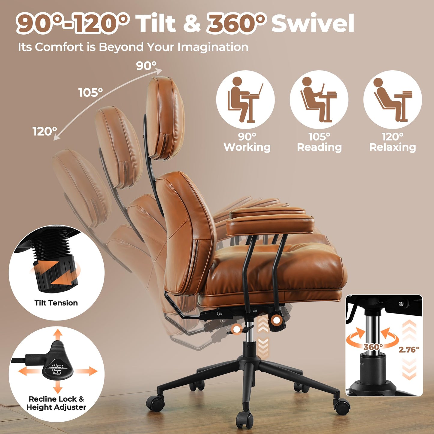 ovios Ergonomic Office Chair, Mid-Century Modern Faux Leather Executive Chairs with Thick Cushion, Comfy High Back Swivel Rolling Computer Armchair (Brown, PU Leather)