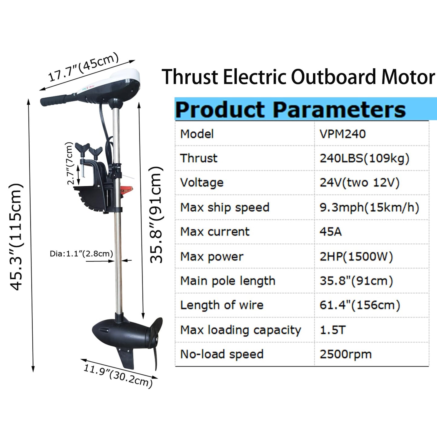 INTBUYING VPM Series Thrust Electric Outboard Motor Outboard Engine 240lb Outboard Engine Saltwater 24V Electric Trolling Motor for Fishing Boat