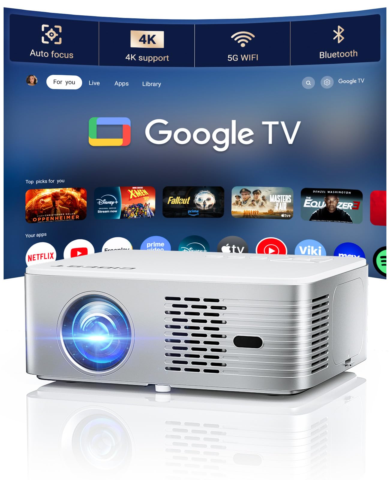 Google TV Projector 4K Support - CiBest Smart Projector with WiFi 6 and Bluetooth, Outdoor Movie Proyector Full-Sealed Optical Engine 3000 ANSI Home Ceiling Projector with Autofocus, Streaming Apps