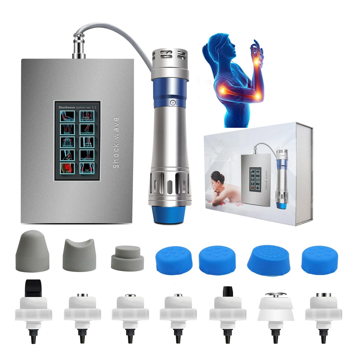Generic Shockwave Therapy Machine Extracorporeal Shock Wave Therapy Device 7in1 Focused Shockwave Therapy Machine Pain Relief at Home for Body Feet Knees, Silver