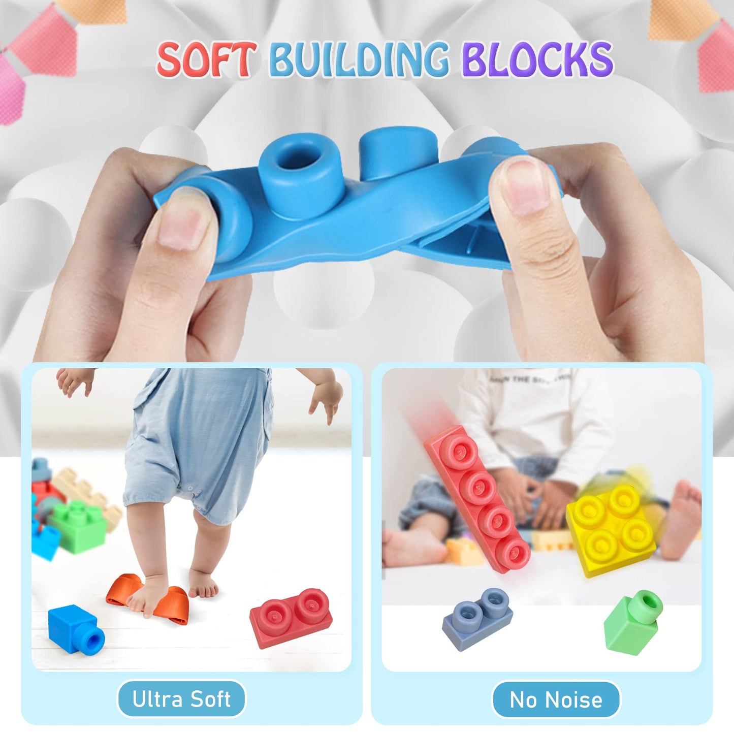 80PCS Baby Blocks Set with Storage Bucket + 6PCS Sensory Balls Bundle - Rubber Soft STEM Building Blocks for Babies 6+ Months, Textured Montessori Balls for Infants & Toddlers 6-12M, Tummy Time Gift