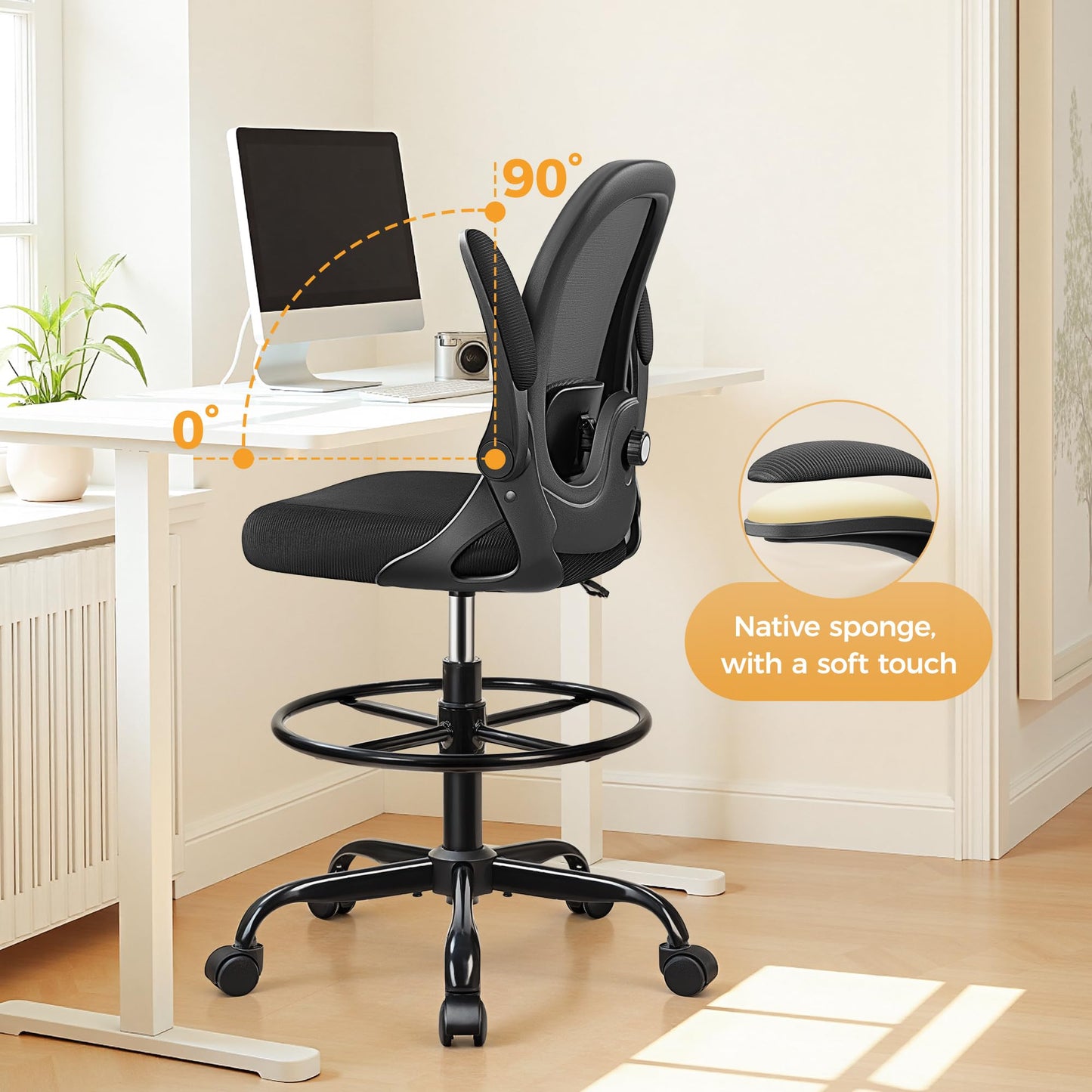 Primy Home Office Drafting Chair - Tall Desk Chair with Flip-up Armrests 3D Lumbar Support, Comfort Drafting Chair with Footrest for Standing Desk, High Chair for Bar Study Work