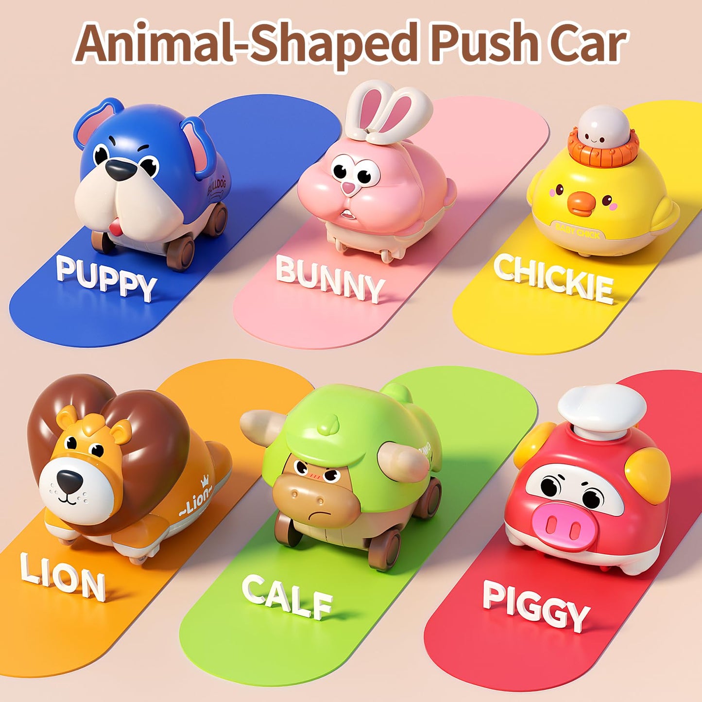 STACTCUTE 6pcs Press and Go Animal Toy Cars for Toddlers 1-3, Baby Push Go Battery-Free Long-Distance Friction Powered Vehicles for 6-12-18 Months, 1st Birthday Gifts for Boys & Girls