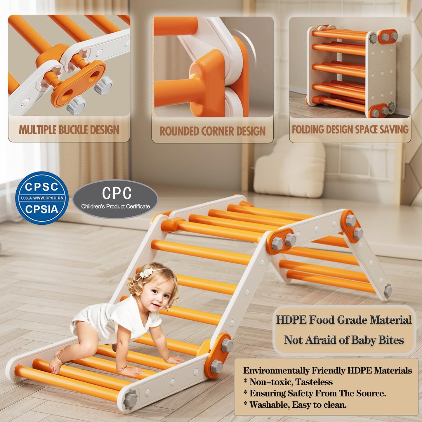 HTWELL Toddler Climbing Toys,Kids Pikler Triangle Set,Montessori Indoor Play Gym,Multifunction Foldable Indoor Climbing Gym for Kids(Orange)