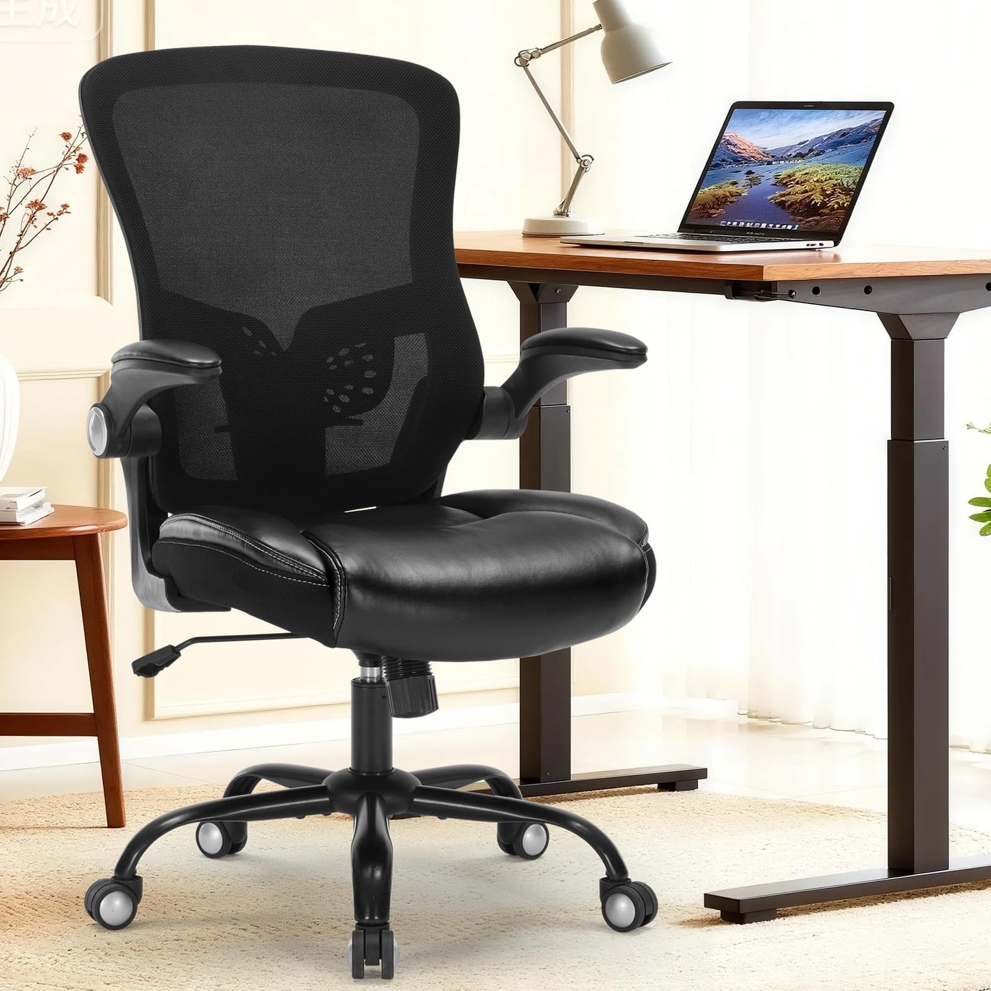 Ergonomic Office Chair, PU Leather Ergonomic Desk Chair with Mesh Back Adjustable Lumbar Support Home Gmaing Desk Chair with Wheels and Flip-Up Armrests, 360°Swivel, Tilt Lock and Wide Cushion-400LBS