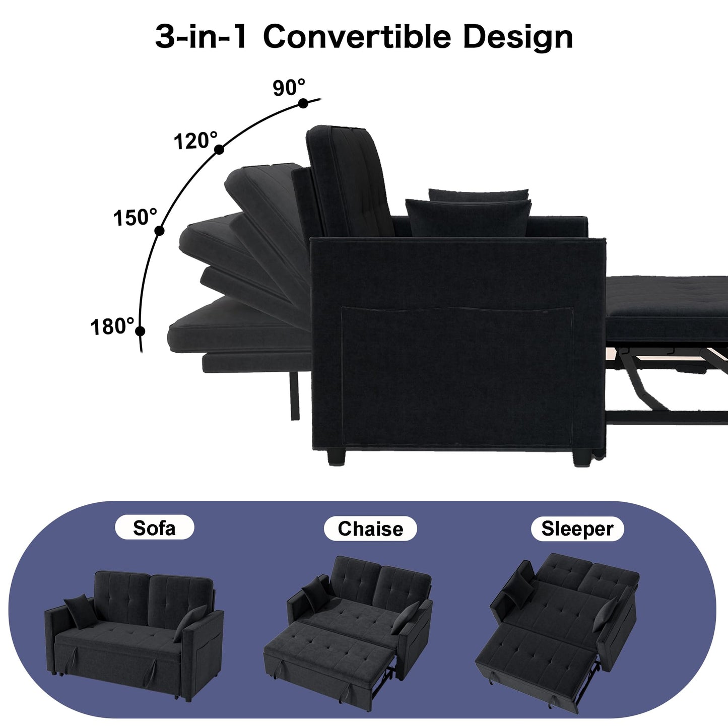Nyvoral Loveseat Sleeper Sofa Bed Couch: Queen Sleeper Chair Pull Out Bed for Living Room, Black Velvet Couch Beds for Small Spaces, 3 in 1 Convertible Sofa with Armrests